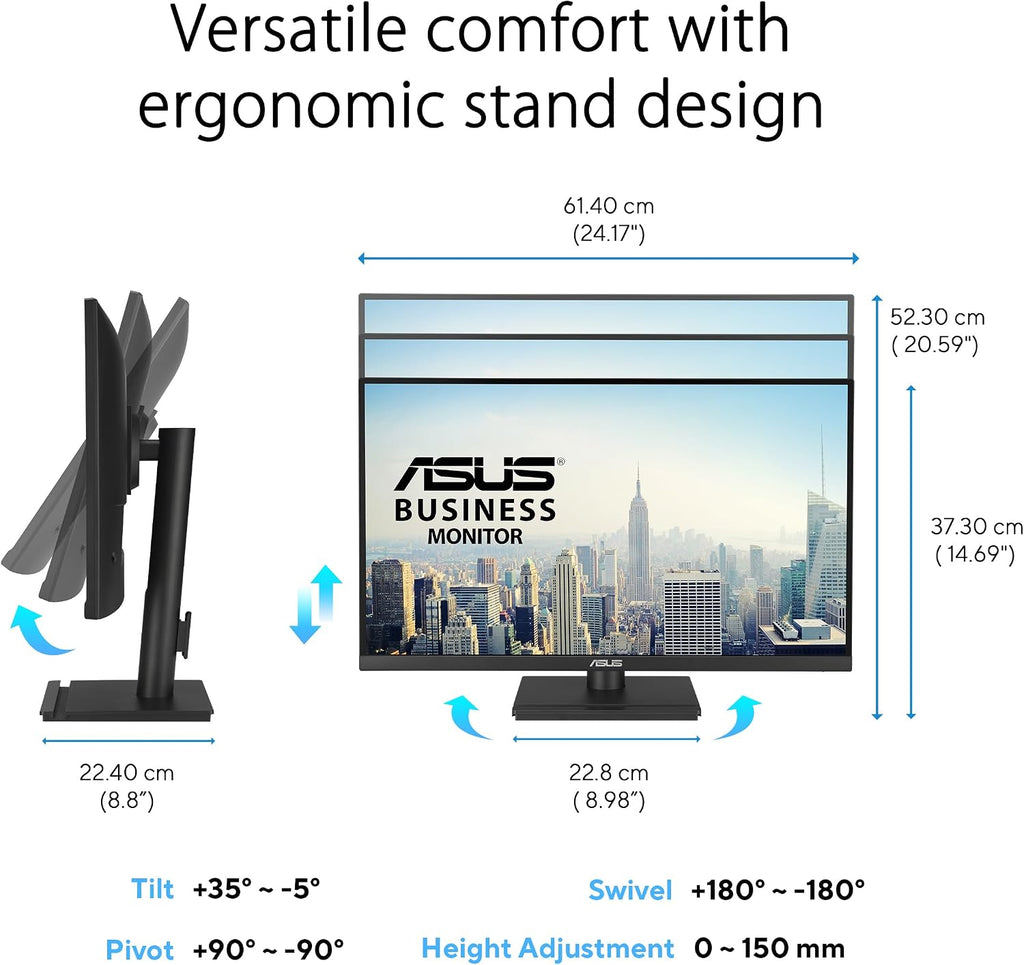 ASUS 27' 4K Business Monitor (VA27UCPS) - UHD (3840 x 2160), IPS, 99% sRGB, HDR-10, USB-C PD65W, USB Hub, Speakers, Eye Care, Ergonomic, VESA Wall Mountable, Green Sustainability, 3 yr Warranty