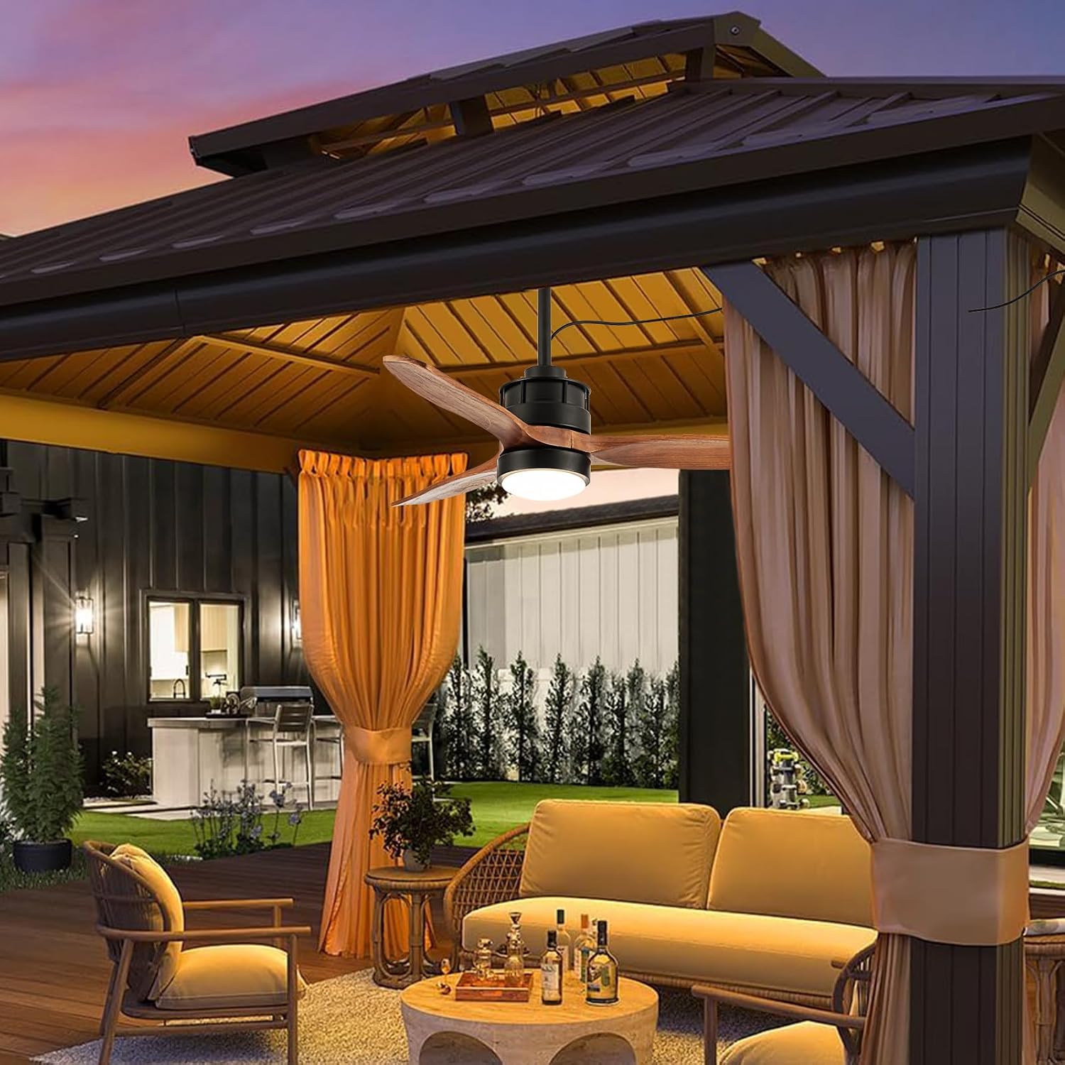 EKIZNSN 32' Wet Rated Ceiling Fans with Lights Outdoor Hanging for Gazebo Waterproof, DC Motor w 3 Reversible Walnut Wood Blades, Walnut