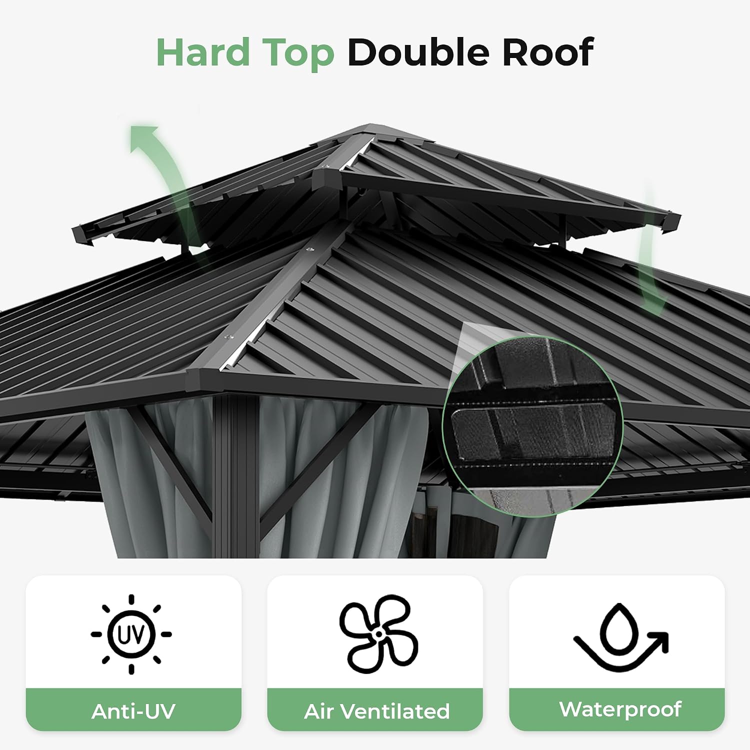 12' x 12' Hardtop Gazebo, Aluminum Frame with Double Galvanized Steel Roof,Permanent Outdoor Gazebo with Netting and Curtains for Backyard, Garden, or Deck, Gray