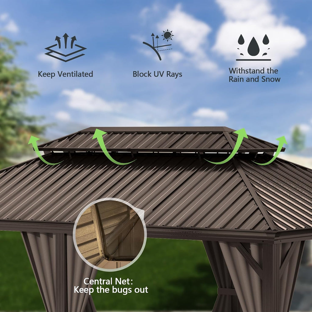 Domi 14x24FT Outdoor Gazebo, Hardtop Gazebo with Galvanized Steel Double Roof, Metal Gazebos with Drainage System for Patio Deck Backyard,Curtain and Netting,Brown