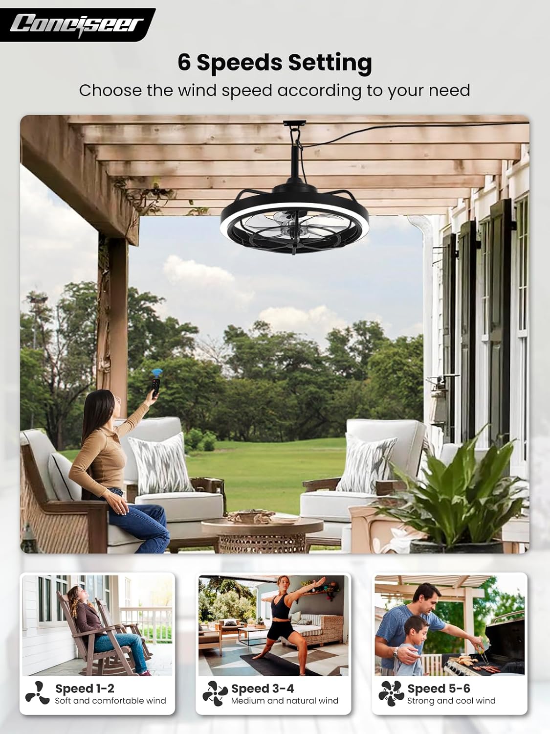 Conciseer Outdoor Ceiling Fan with Light for Patio, 20' Waterproof All-Weather Plug-in Hanging Fan, Smart APP/Remote Control, 3CCT Dimmable LED, Caged Design for Gazebo, Pergola, Porch