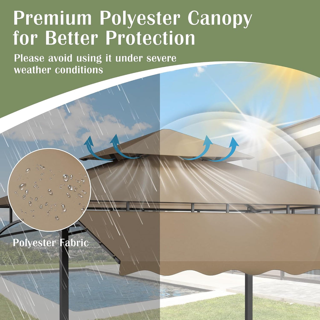 MAGIC UNION 8x8 FT Grill Gazebo with Side Awning, 2-Tier Barbecue Canopy Shelter with 2 Shelves, 7 Hanging Hooks, Bottle Opener, Outdoor Grilling Awnings Tent for Backyard Garden Poolside (Khaki)