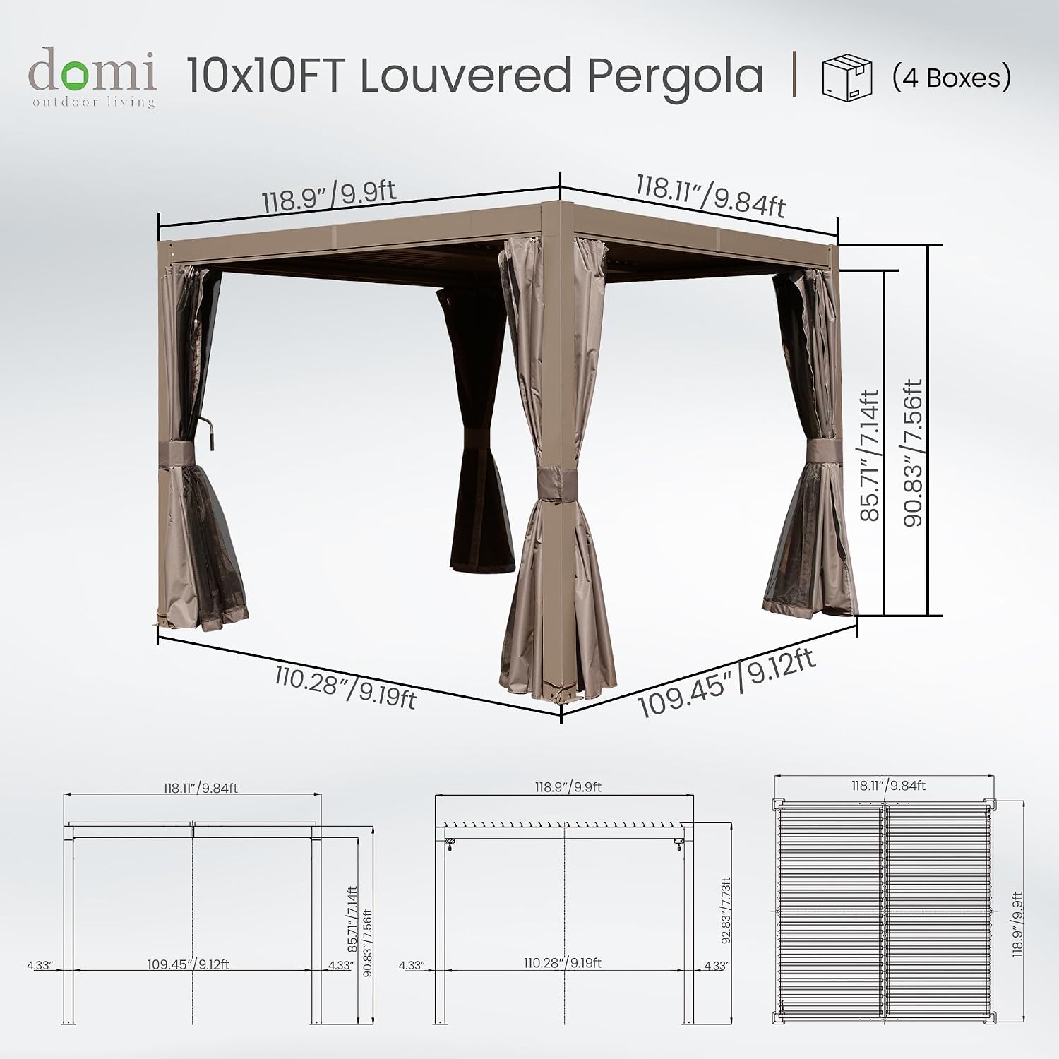 Domi Outdoor Pergola 10' x 10', Aluminum Louvered Pergola with Adjustable Louvers, Full Aluminum Frame, Built-in Gutter System, Modern Patio Gazebo for Deck Garden Patio, Brown