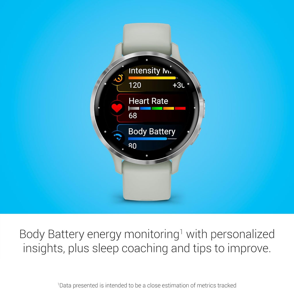 Garmin Venu 3S Running GPS Smartwatch with AMOLED Display, Advanced Health, Fitness Features, Up to 14 Day Battery Life with Signature Series Modern Power Stand | Silver with Sage Gray Silicone Band