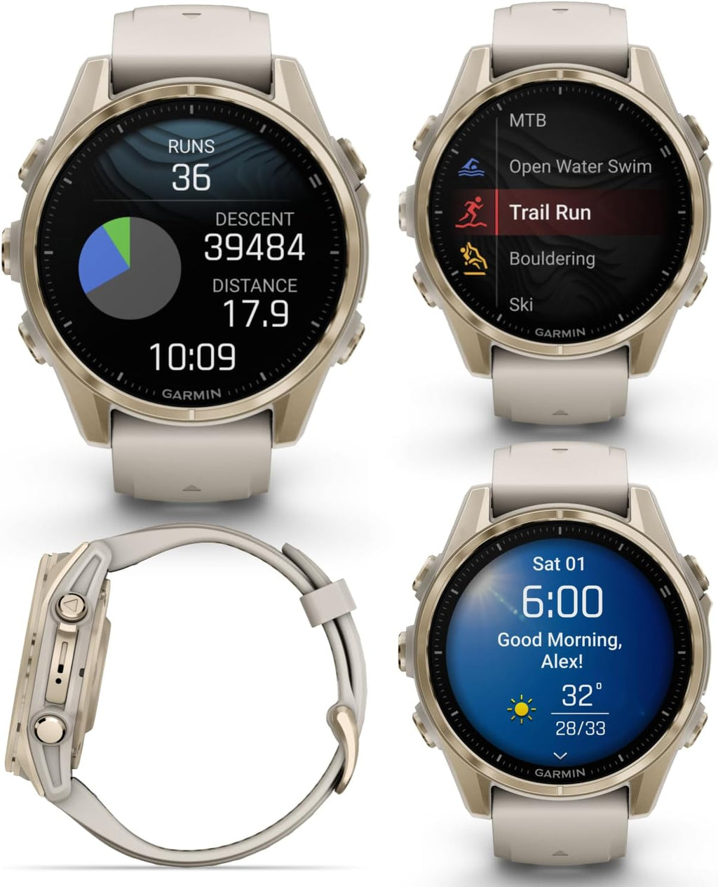 Garmin Fenix 8 – 43 mm Sapphire, AMOLED Multisport GPS Smartwatch, Soft Gold with Fog Gray/Dark Sandstone Silicone Band, Built-in LED Flashlight White Earbuds Bundle