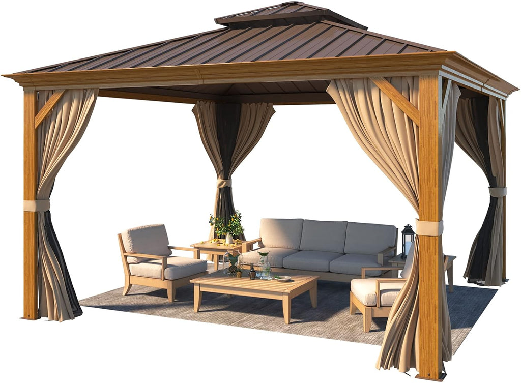 YOLENY 12'x12' Hardtop Gazebo, Wooden Finish Coated Aluminum Frame Canopy with Galvanized Steel Roof, Outdoor Metal Gazebos with Curtains and Nettings for Patio, Backyard, Deck and Lawns