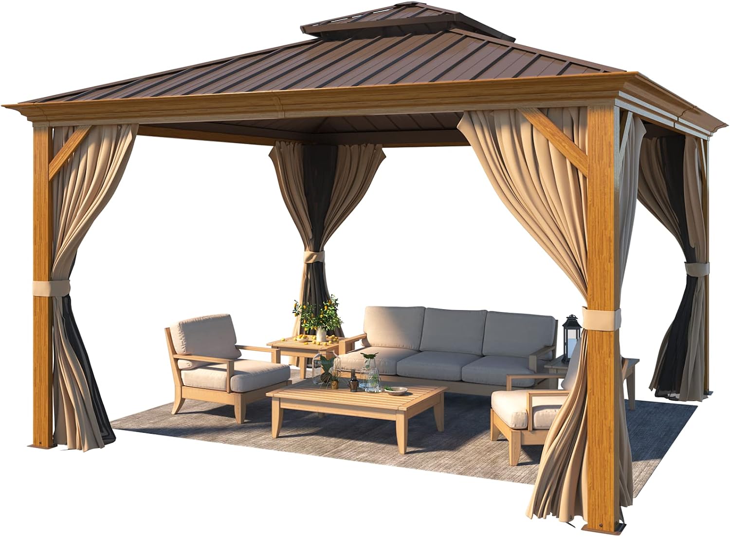 YOLENY 12'x12' Hardtop Gazebo, Wooden Finish Coated Aluminum Frame Canopy with Galvanized Steel Roof, Outdoor Metal Gazebos with Curtains and Nettings for Patio, Backyard, Deck and Lawns