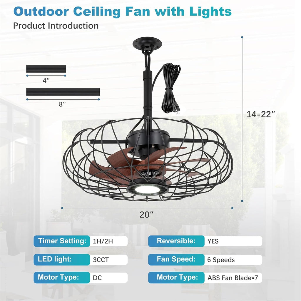 20'' Outdoor Gazebo Fan with Lights, IP64 Waterproof Caged Ceiling Fan with Remote and Hanging Hook, 3CCT Dimmable 6-Speed Reversible Motor, Outside Plug in Ceiling Fans for Patio Porch Canopy, Black