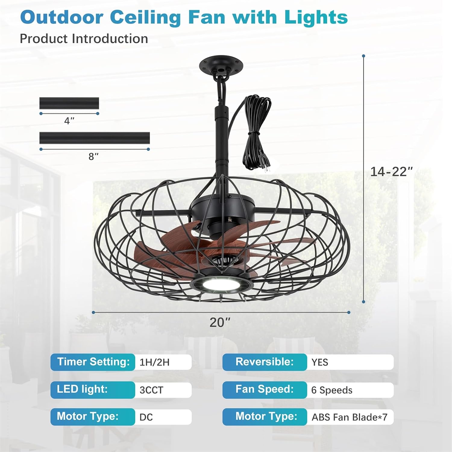 20'' Outdoor Gazebo Fan with Lights, IP64 Waterproof Caged Ceiling Fan with Remote and Hanging Hook, 3CCT Dimmable 6-Speed Reversible Motor, Outside Plug in Ceiling Fans for Patio Porch Canopy, Black