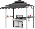 TITIMO 8'x 8' x 7.8' Double Tiered Grill Gazebo with Side Awning,Outdoor Patio BBQ Pergola, Heavy-Duty Metal Frame Canopy Tent with Side Shelves,Hooks,Bottle Opener for Lawn Deck and Garden (Gray)