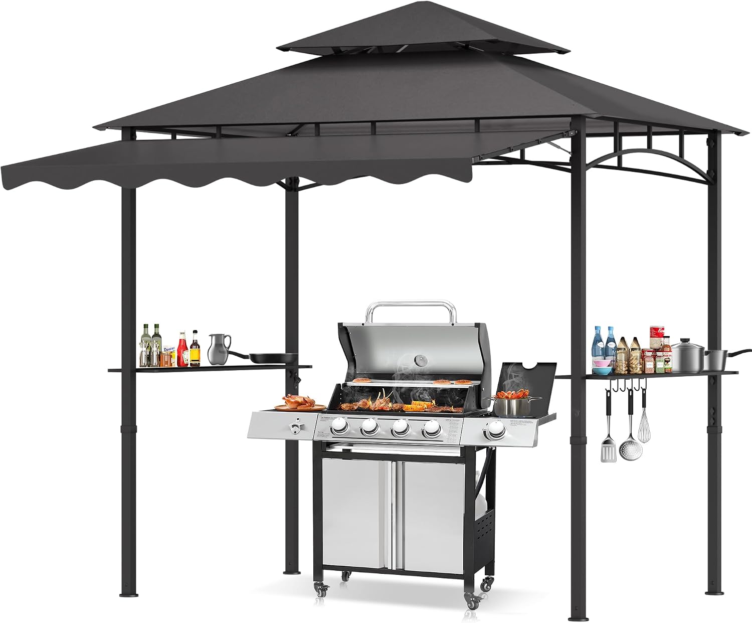 TITIMO 8'x 8' x 7.8' Double Tiered Grill Gazebo with Side Awning,Outdoor Patio BBQ Pergola, Heavy-Duty Metal Frame Canopy Tent with Side Shelves,Hooks,Bottle Opener for Lawn Deck and Garden (Gray)