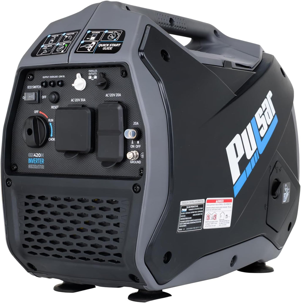 Pulsar 4,200W Portable Gas-Powered Quiet Inverter Generator for Home Emergency Backup, Parallel Capability, RV Ready, Long Run Time, GX420N
