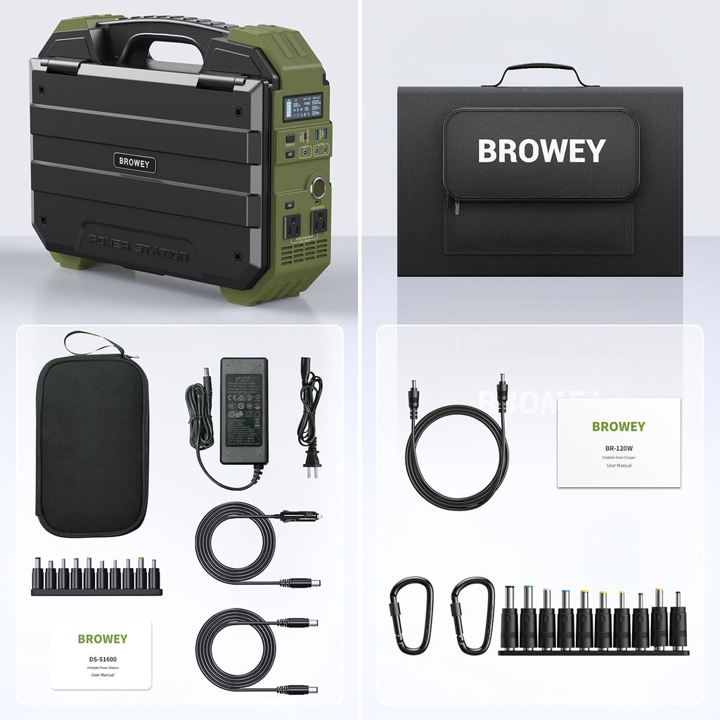 BROWEY 1600W (3200W Peak) Portable Power Station with 120W Solar Panel, 1024Wh LiFePO4 Battery with Built-in Solar Panel, Fast Charging, Solar Generator for Camping, RV, Home Backup, Emergency
