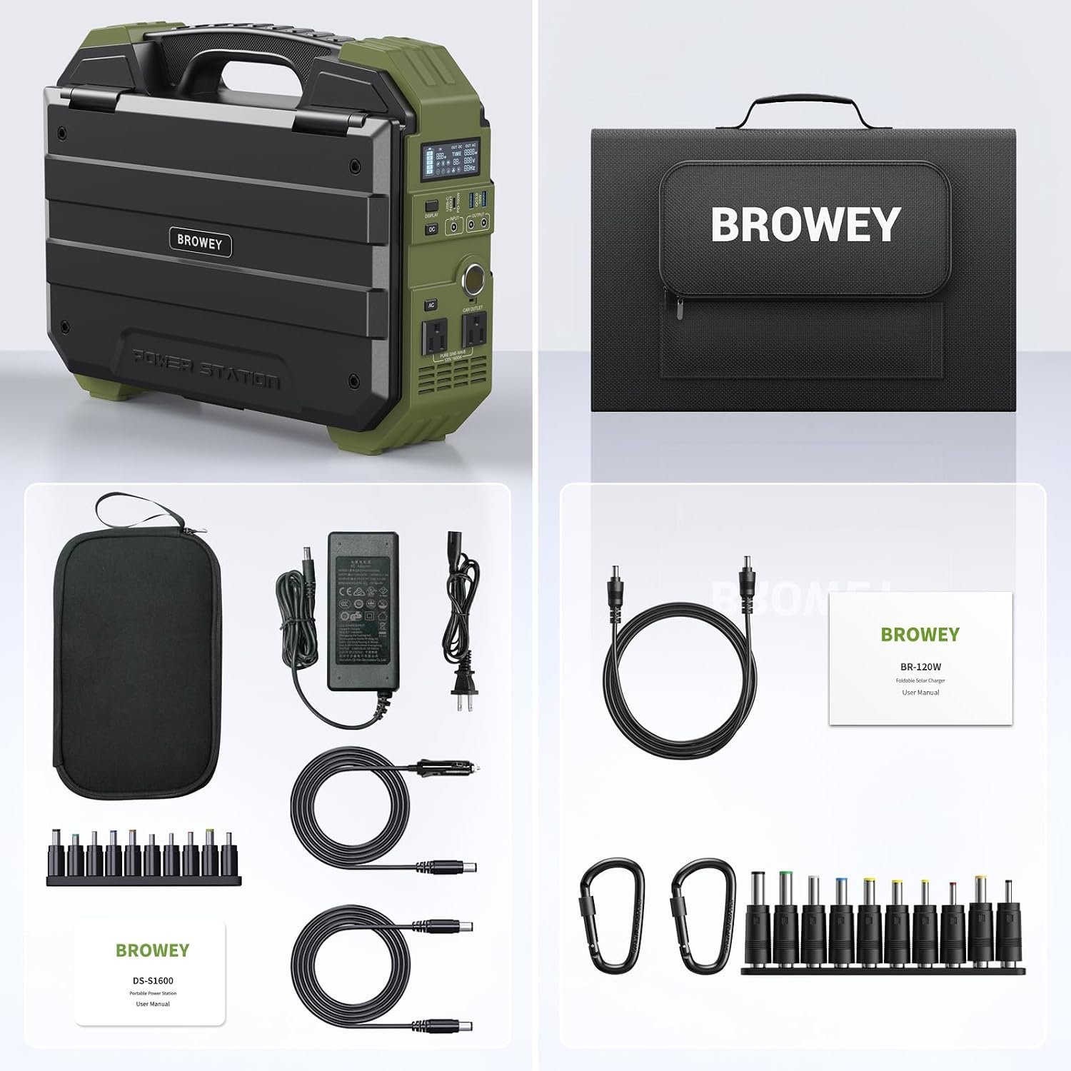 BROWEY 1600W (3200W Peak) Portable Power Station with 120W Solar Panel, 1024Wh LiFePO4 Battery with Built-in Solar Panel, Fast Charging, Solar Generator for Camping, RV, Home Backup, Emergency