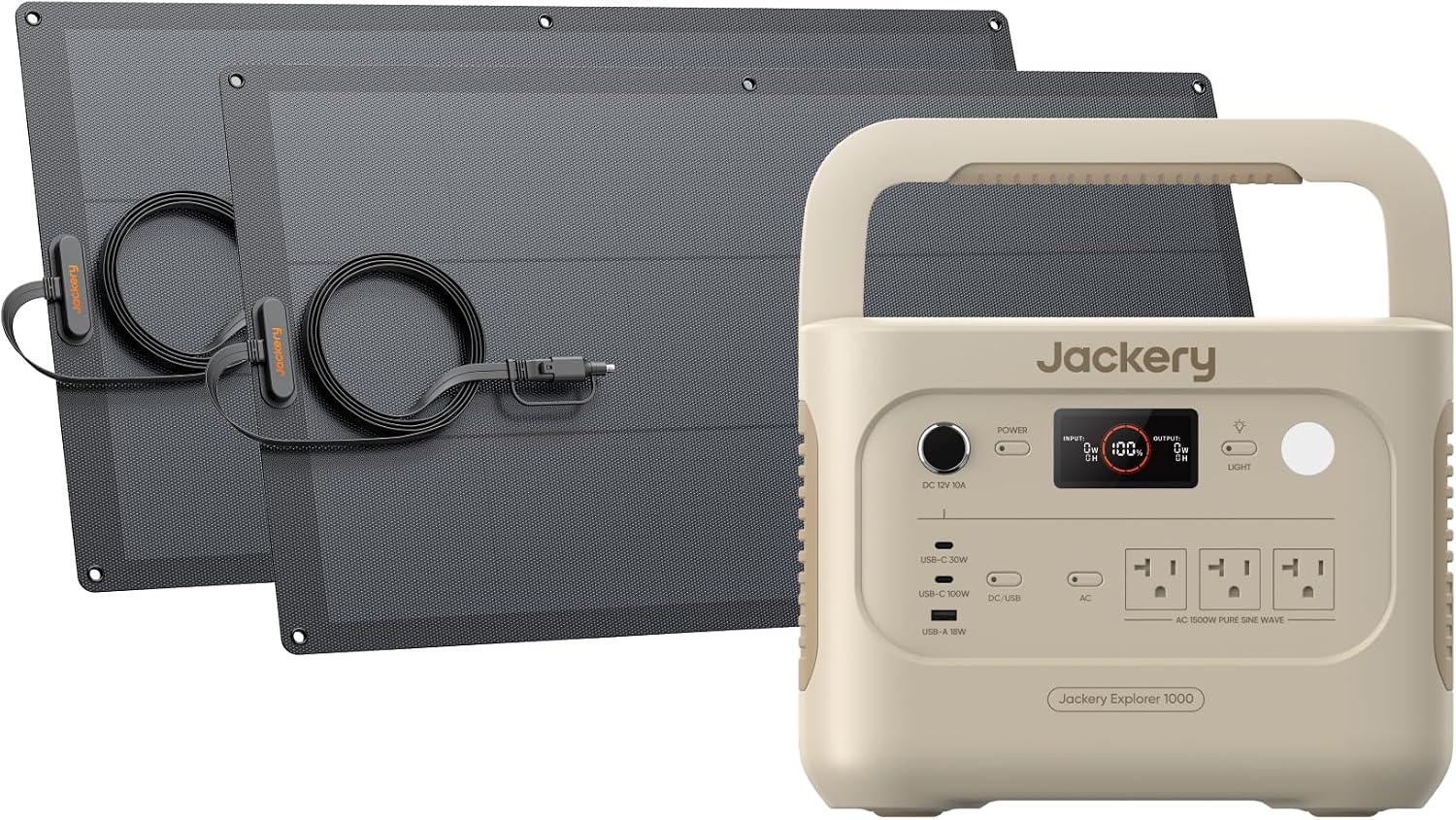 Jackery Solar Generator 1000 v2 with 2x100W Light Solar Panels, 1070Wh Portable Power Station, LiFePO4 Battery, 1500W AC Output, 1 Hr Fast Charge, for Camping, Emergency, RV, Off-Grid (Dune White)