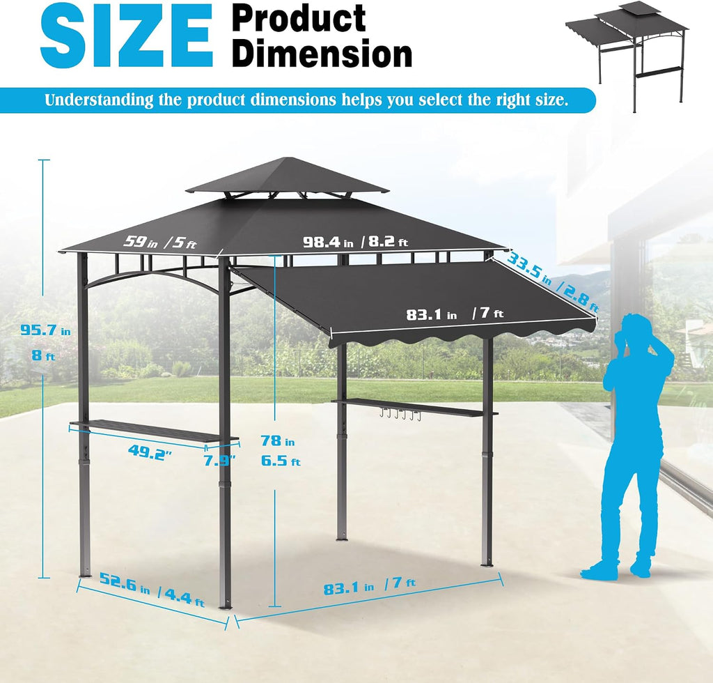 TITIMO 8'x 8' x 7.8' Double Tiered Grill Gazebo with Side Awning,Outdoor Patio BBQ Pergola, Heavy-Duty Metal Frame Canopy Tent with Side Shelves,Hooks,Bottle Opener for Lawn Deck and Garden (Gray)