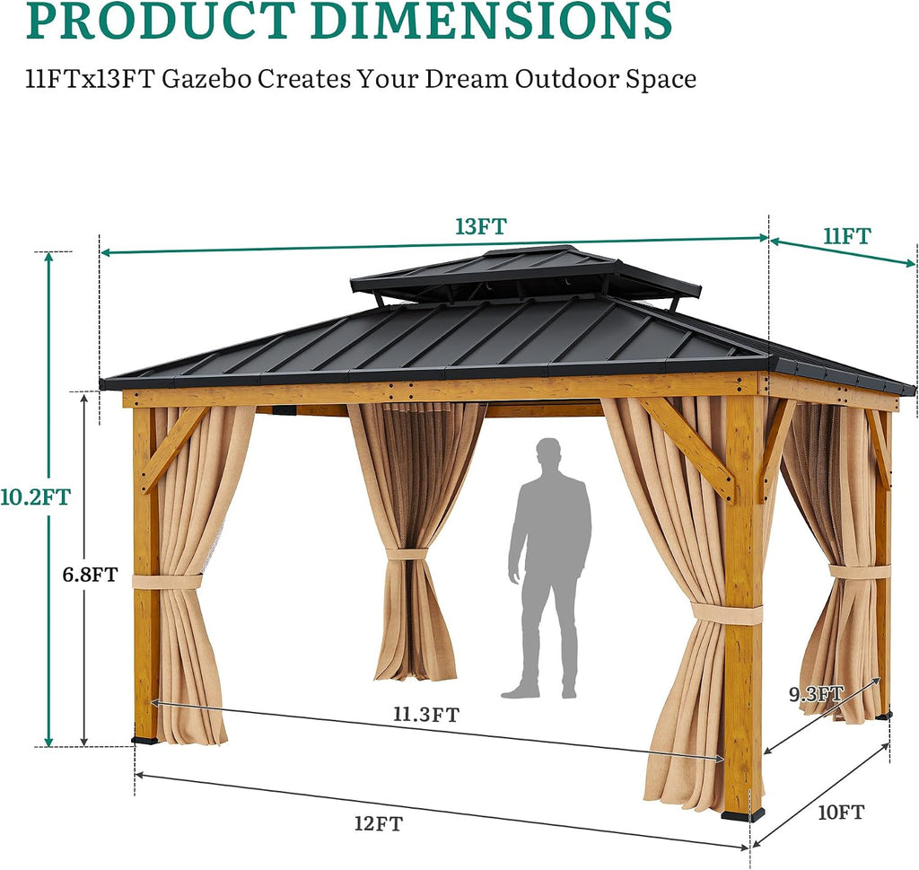 YITAHOME 11x13ft Wood Gazebo Outdoor Wooden Frame Double Roof Hardtop Galvanized Steel Top Canopy w/Curtain and Netting, Patio Heavy Duty Gazebo for Deck, Backyard, Beige Yellow