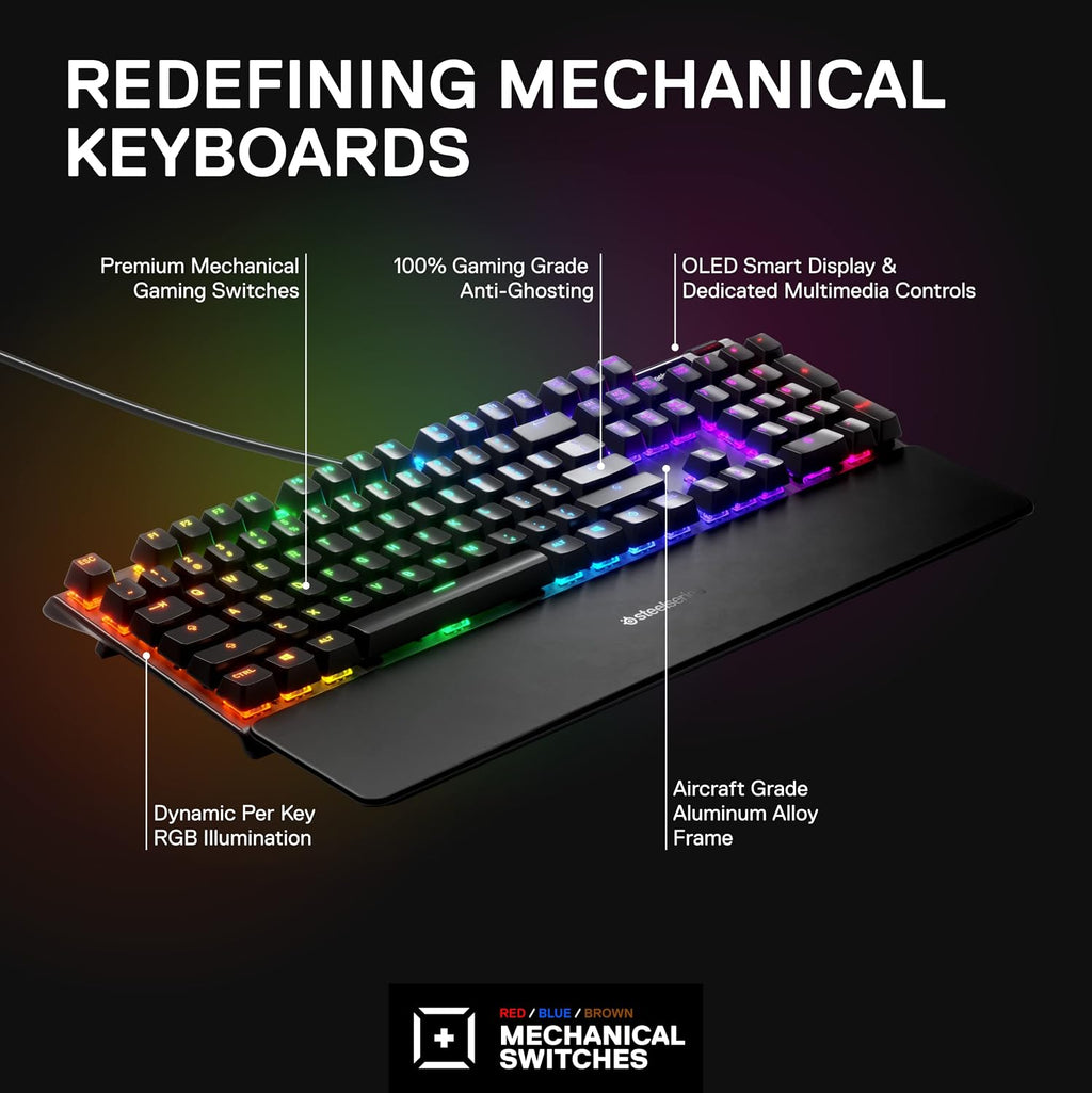 SteelSeries Apex 7 Mechanical Gaming Keyboard – OLED Smart Display – USB Passthrough and Media Controls – Tactile and Clicky – RGB Backlit (Blue Switch)