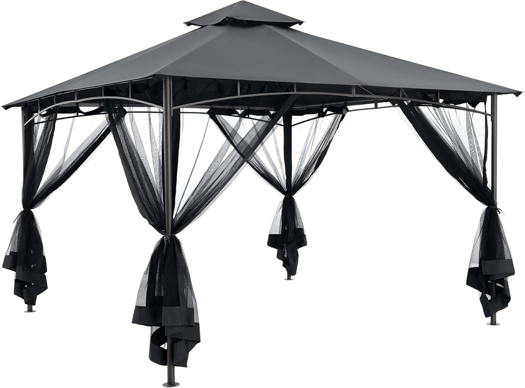12' X 12' Patio Gazebo with Ventilation Double Roof, Outdoor Gazebo with Removable Mosquito Netting, Easy Up Metal Outdoor Canopy Shelter for Backyard, Garden, Lawn, Grey