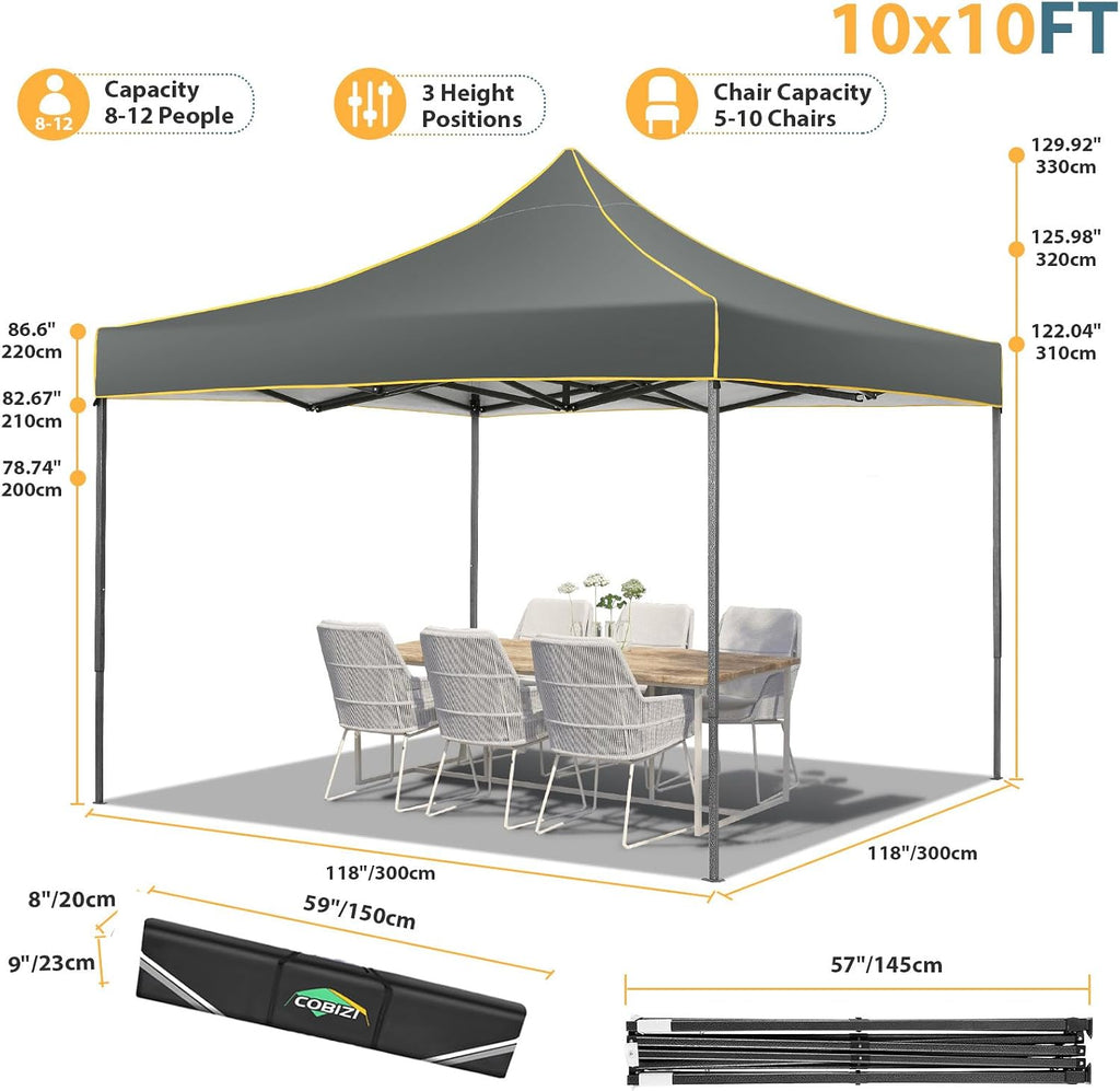 COBIZI 10x10 Pop Up Heavy Duty Canopy Tent with 4 Sidewalls, Easy Setup Outdoor Commercial Instant Tent for Parties Events Canopy with Portable Bag, Waterproof & UPF50+ (Gray)