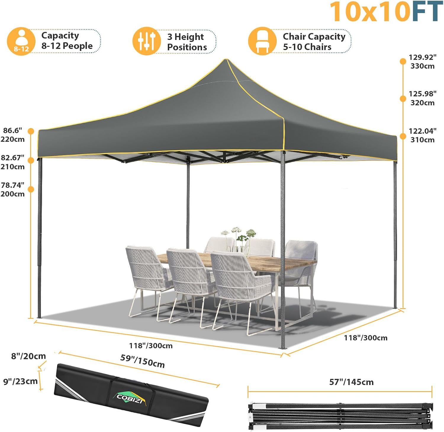 COBIZI 10x10 Pop Up Heavy Duty Canopy Tent with 4 Sidewalls, Easy Setup Outdoor Commercial Instant Tent for Parties Events Canopy with Portable Bag, Waterproof & UPF50+ (Gray)