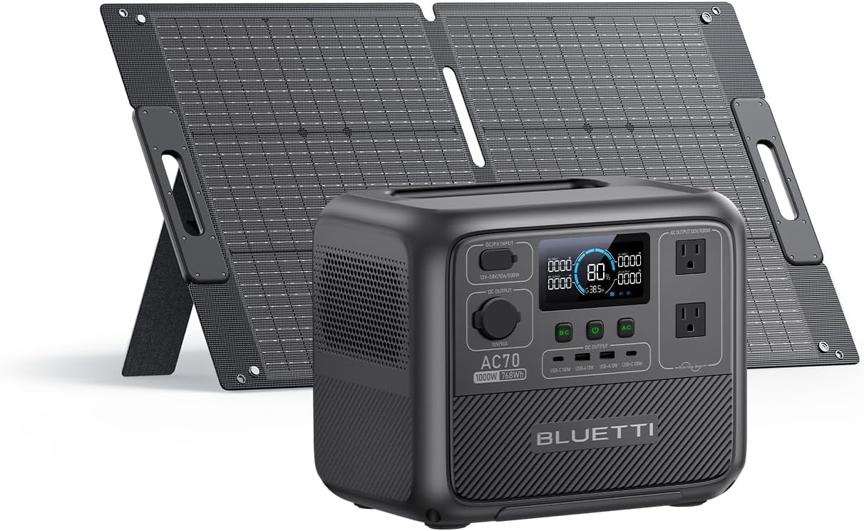 BLUETTI AC70 Solar Generator with 100W Solar Panel (Ships Separately), 768Wh Portable Power Station with 2 1000W (Power Lifting 2000W) AC Outlets, 0-80% in 45 Min, LFP Backup Power for Camping, Trip