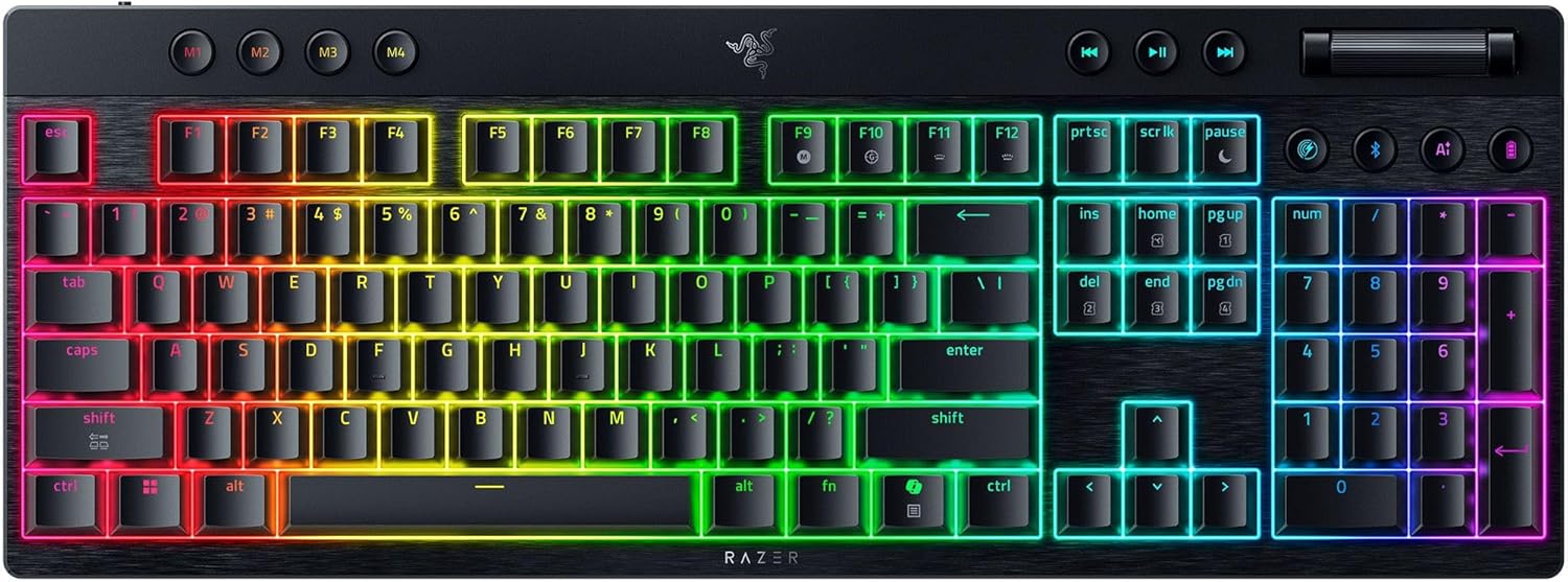 Razer BlackWidow V4 Low Profile HyperSpeed Wireless Gaming Keyboard: Green Mechanical Switches - 2.4GHz Wireless & Bluetooth - Multi-Function Roller - 11 Control Buttons - Long Battery Life