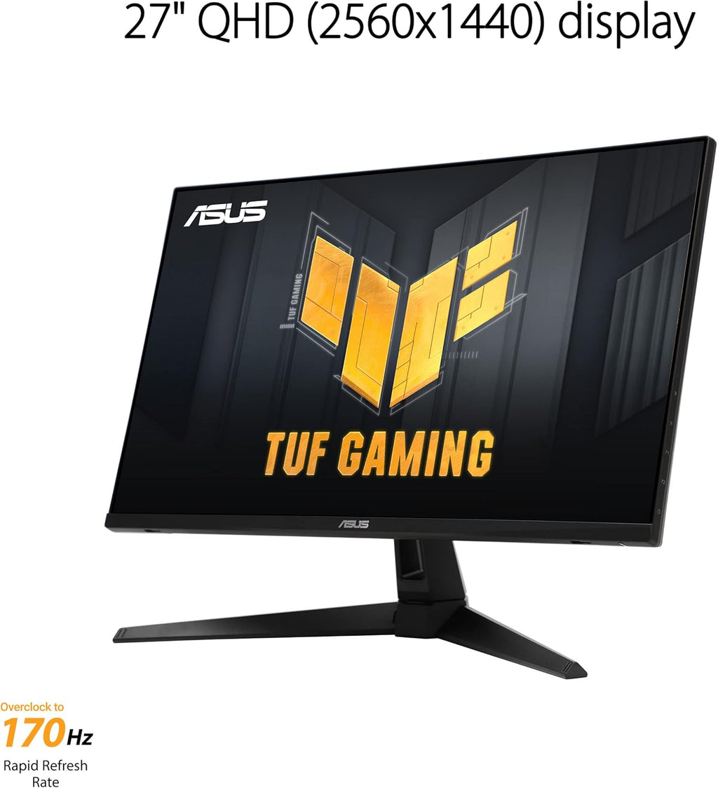 ASUS TUF Gaming 27' 1440P Monitor (VG27AQA1A) - QHD (2560 x 1440), 170Hz (Supports 144Hz), 1ms, Extreme Low Motion Blur, Freesync Premium, Eye Care, HDMI, DisplayPort, Shadow Boost, Speakers, HDR