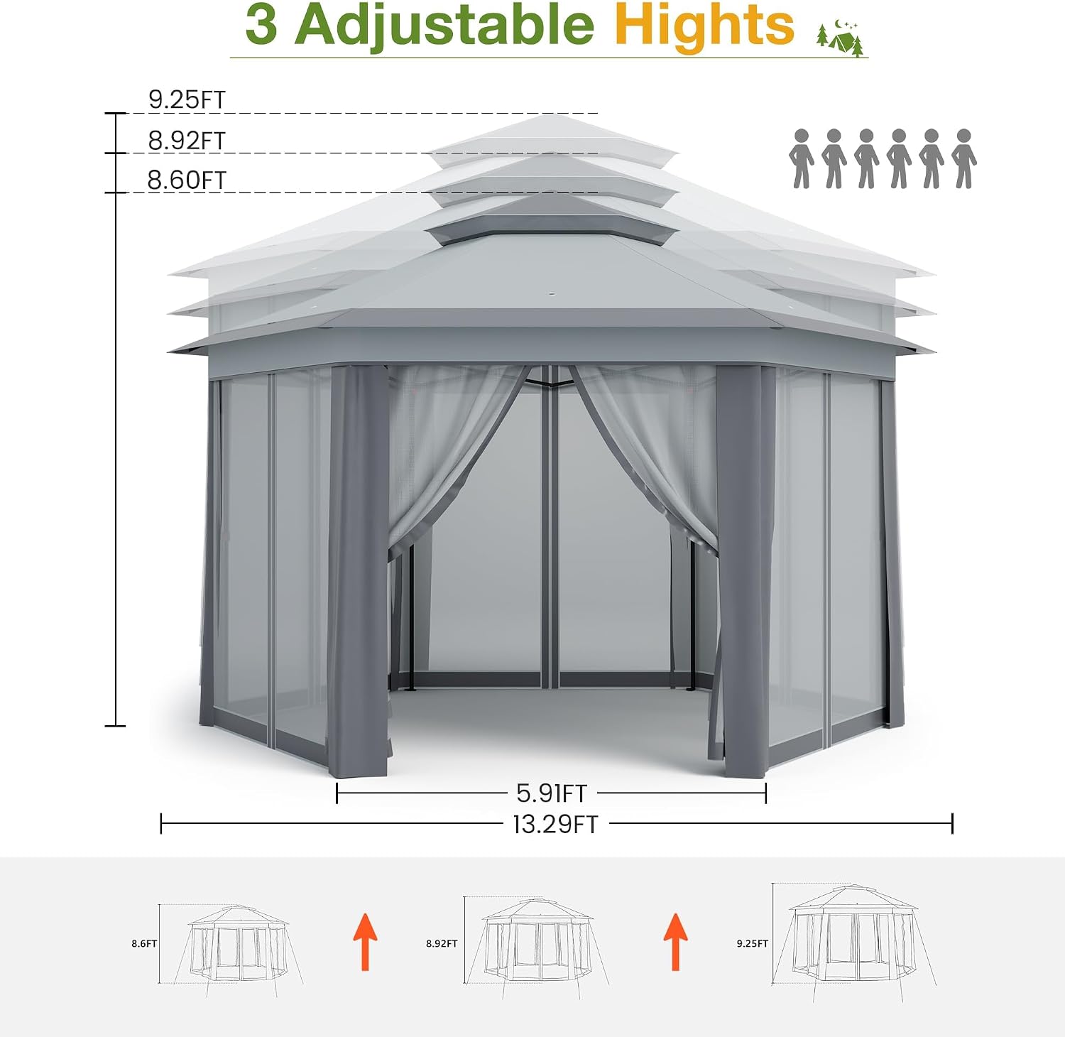 13 x 13FT Pop Up Gazebo, Instant Backyard Canopy Tent with Mosquito Net & Double Roof, Pop-Up Gazebo Canopies Adjustable Height for Patio, Party, Gray