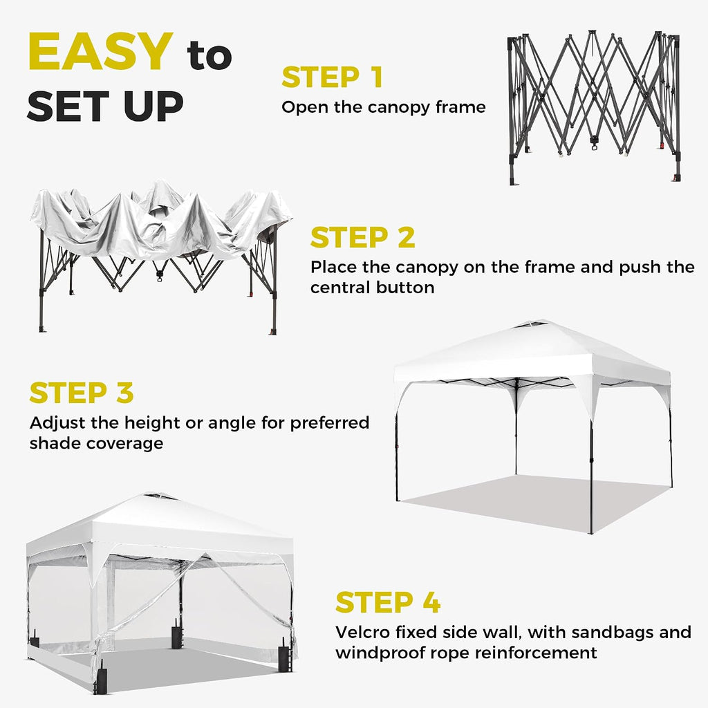 12x12 Pop Up Canopy Tent with One Push Setup, Outdoor Sun Shade Canopy for Backyard Party, Easy Up Instant Shelter with 4 PVC Transparent Sidewalls, 4-Sandbags & Wheel Bag, White.
