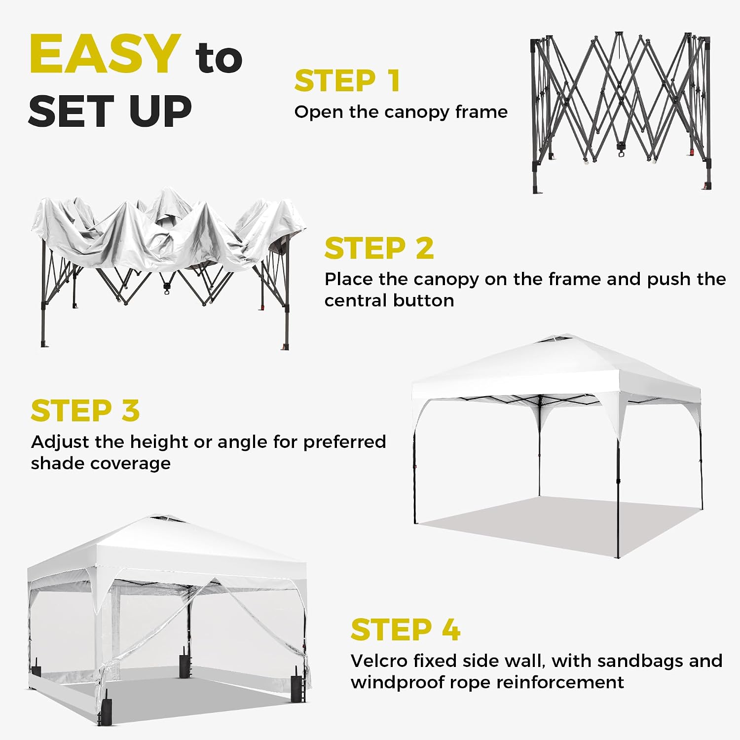 12x12 Pop Up Canopy Tent with One Push Setup, Outdoor Sun Shade Canopy for Backyard Party, Easy Up Instant Shelter with 4 PVC Transparent Sidewalls, 4-Sandbags & Wheel Bag, White.