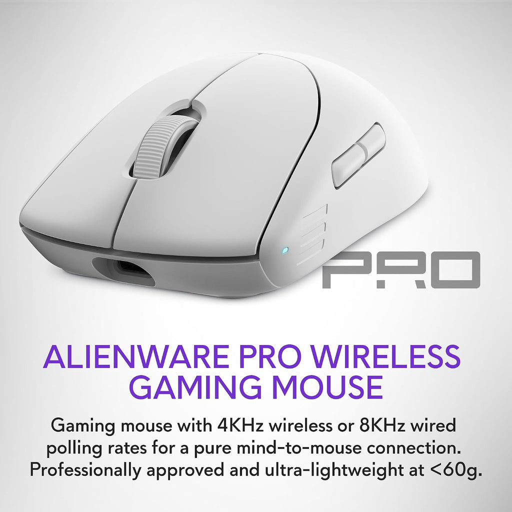 Alienware Pro Wireless Gaming Mouse - 2.4GHz Gaming Wireless/USB Wired Connectivity, Adjustable DPI, Optical Sensor Technology, 6 Programmable Buttons, 650 IPS Sensor Max Speed - Lunar Light
