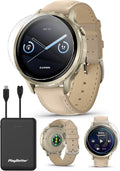 PlayBetter Garmin Venu 4 (Lunar Gold/Light Sand Leather, 41mm) Fitness GPS Smartwatch Bundle - AMOLED Display, Built-in Flashlight, Long Battery Life Portable Charger & HD Screen Protectors
