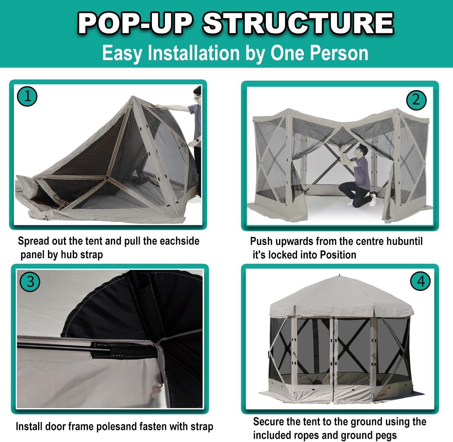 Lenotos Pop Up Screen Tent, 12'x12' Windproof & UV Protection Sun Shelter, Portable Instant Setup, 6-Sided Screen Tent for Picnic, Camping, Backyard, Outdoor (Grey)