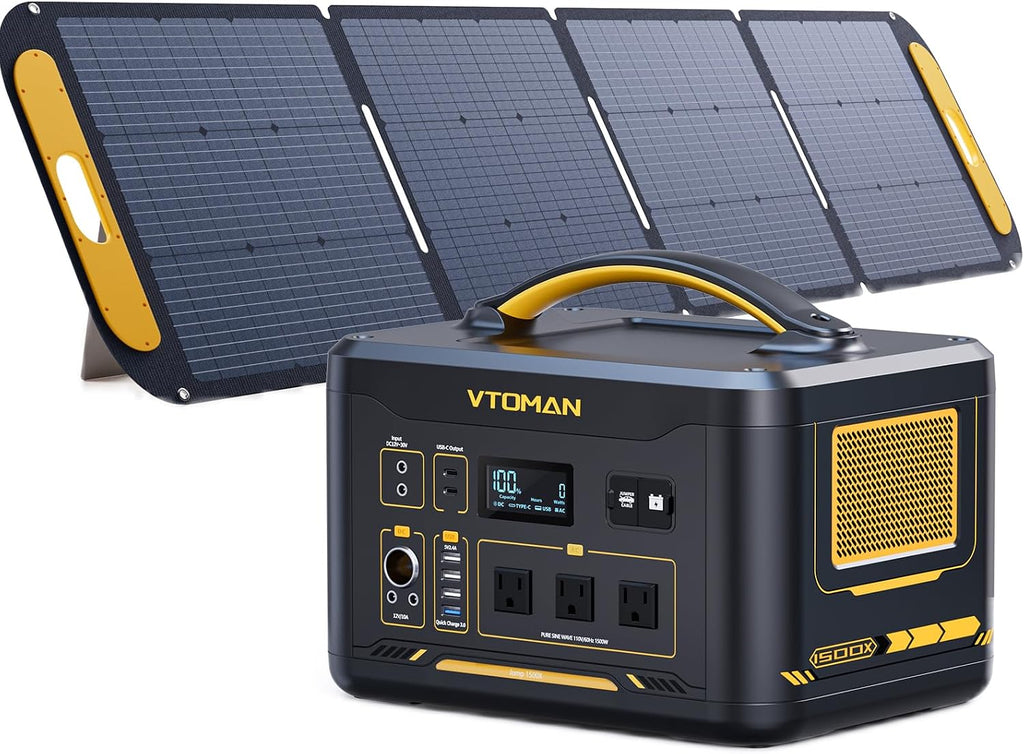 VTOMAN Jump 1500X Portable Power Station with 200W Solar Panel, 1500W/828Wh LiFePO4 Battery Solar Generator with AC Outlets, PD 100W Type-C, Large Capacity Expandable for Camping, Home Backup, Travel