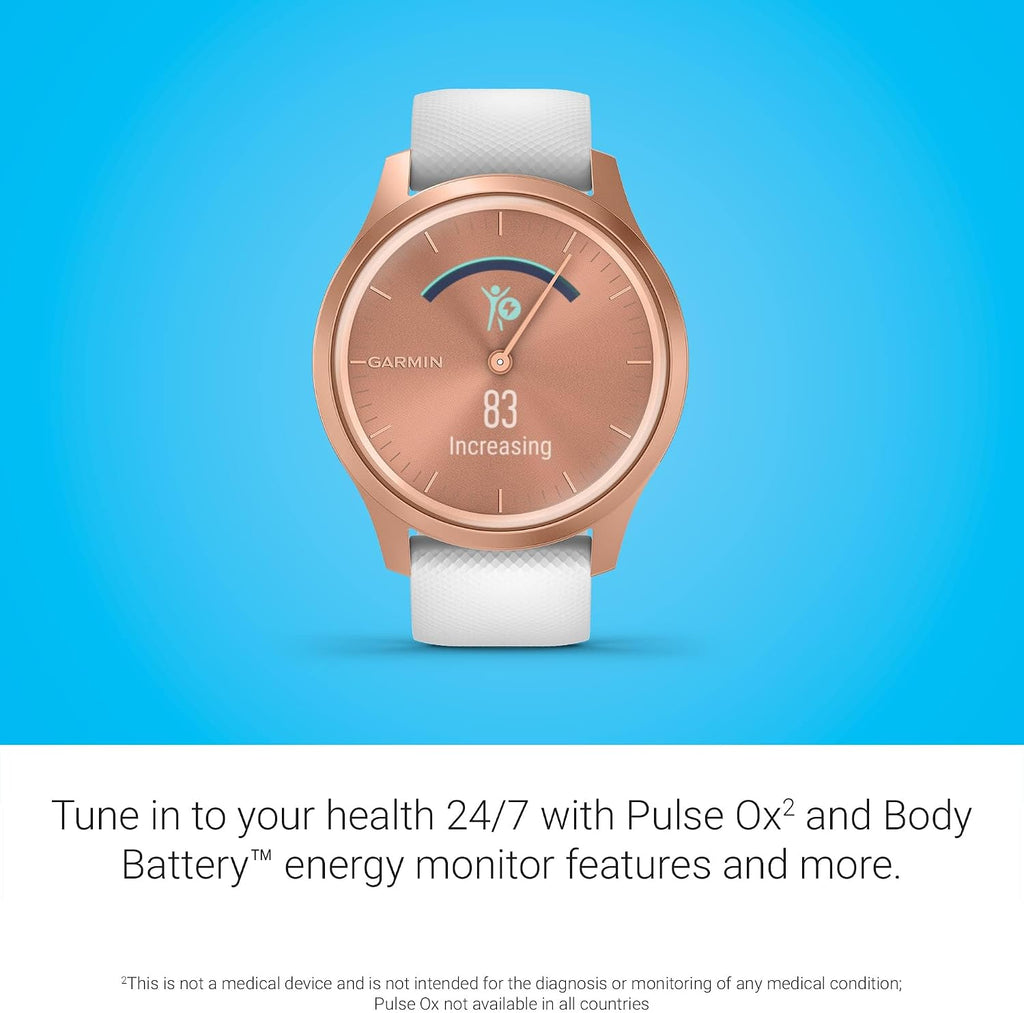 Garmin vivomove Style, Hybrid Smartwatch with Real Watch Hands and Hidden Color Touchscreen Displays, Rose Gold with White Silicone Band (Renewed)