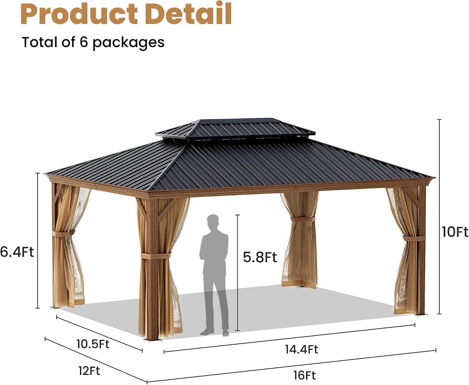 COSIEST 12X16 FT Hardtop Gazebo Rustproof Double Roof Big Size Metal Gazebo with Woodgrain Steel Columns & Netting Curtains Poolside,Deck,BBQ Area (Wooden Look)