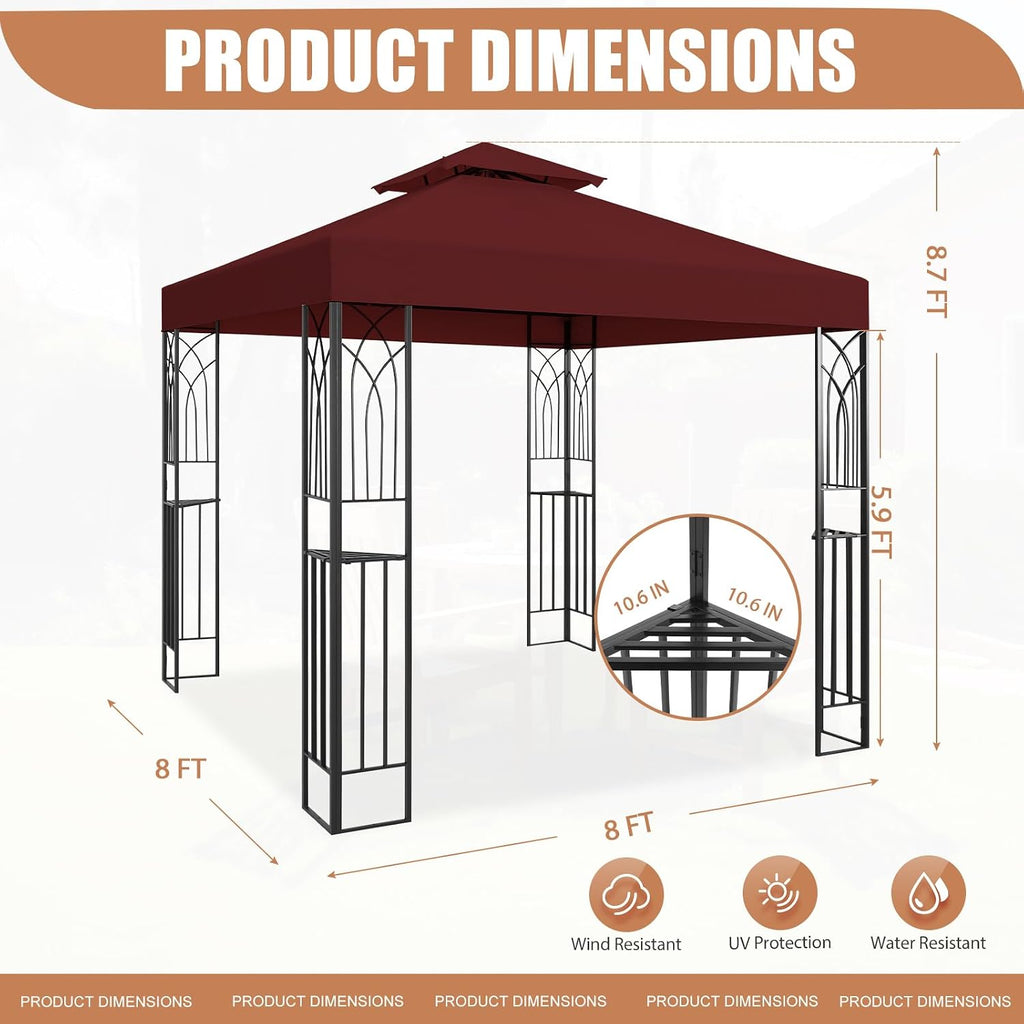 8x8 Outdoor Gazebo for Backyard, Patio Gazebo Tent with Corner Shelves, Red