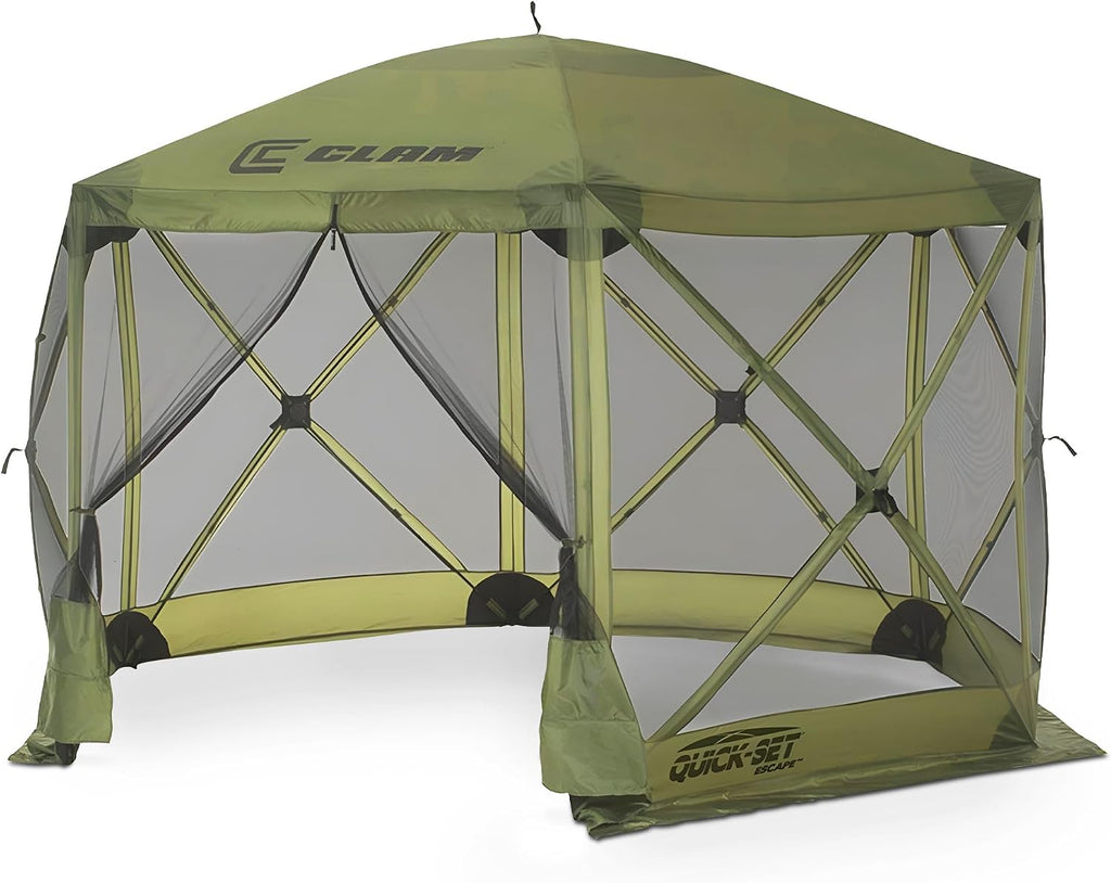 CLAM Escape 11.5' Pop-Up Screen Tent – Green Outdoor Camping Gazebo Canopy with No-See-Um Mesh, Carry Bag & Stakes – 6-Sided Portable Shelter for Camping, Picnics, & Events – Fast 45-Second Setup