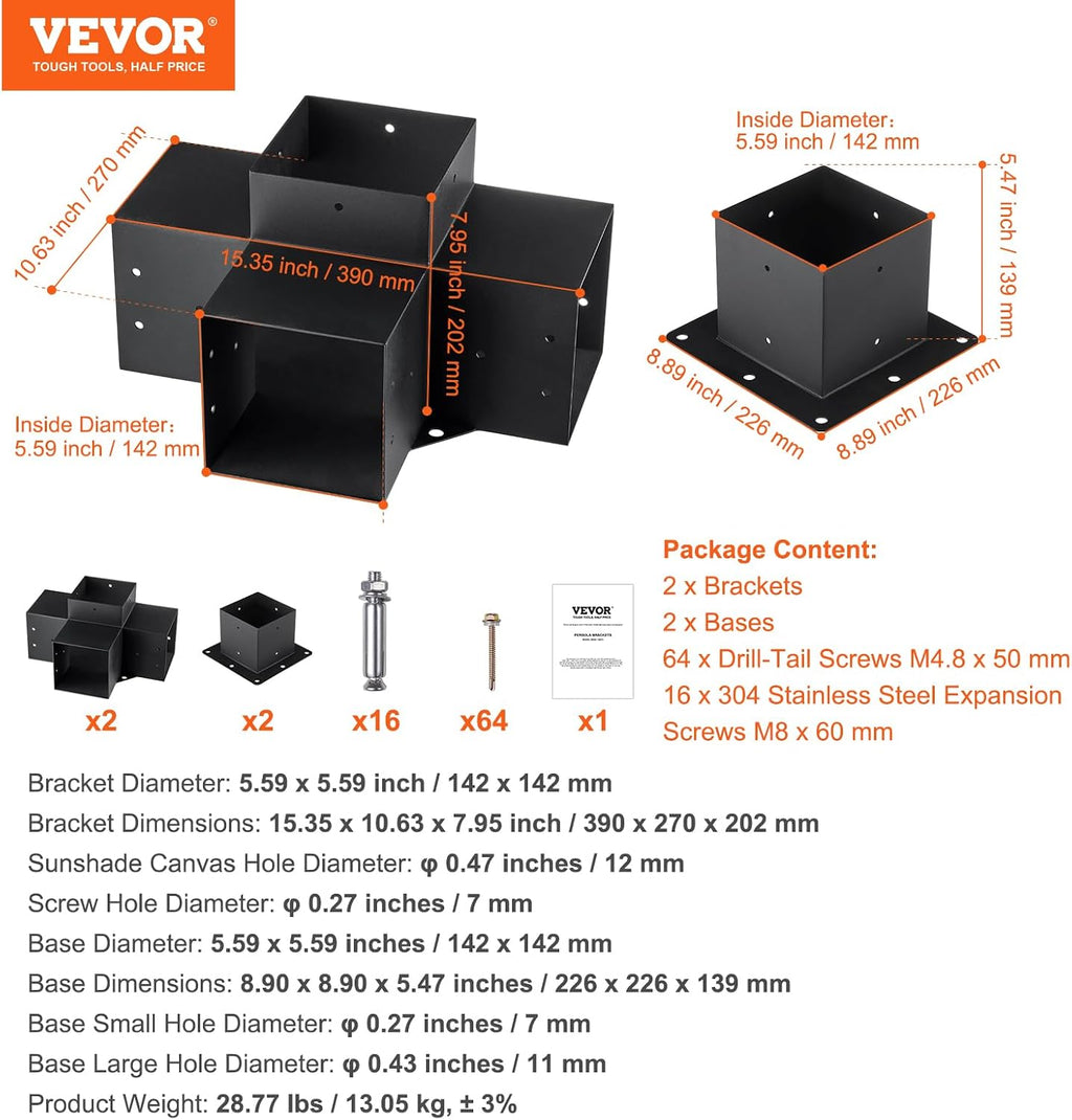 VEVOR Pergola Bracket Kit 6''x6''(Inner Size 5.6x5.6), 4pcs 4-Way Heavy Duty Corner Bracket Woodworks DIY Post Base Kit, Easy Installation Wooden Beams for Gazebos, Patio Pergolas, Log Cabin
