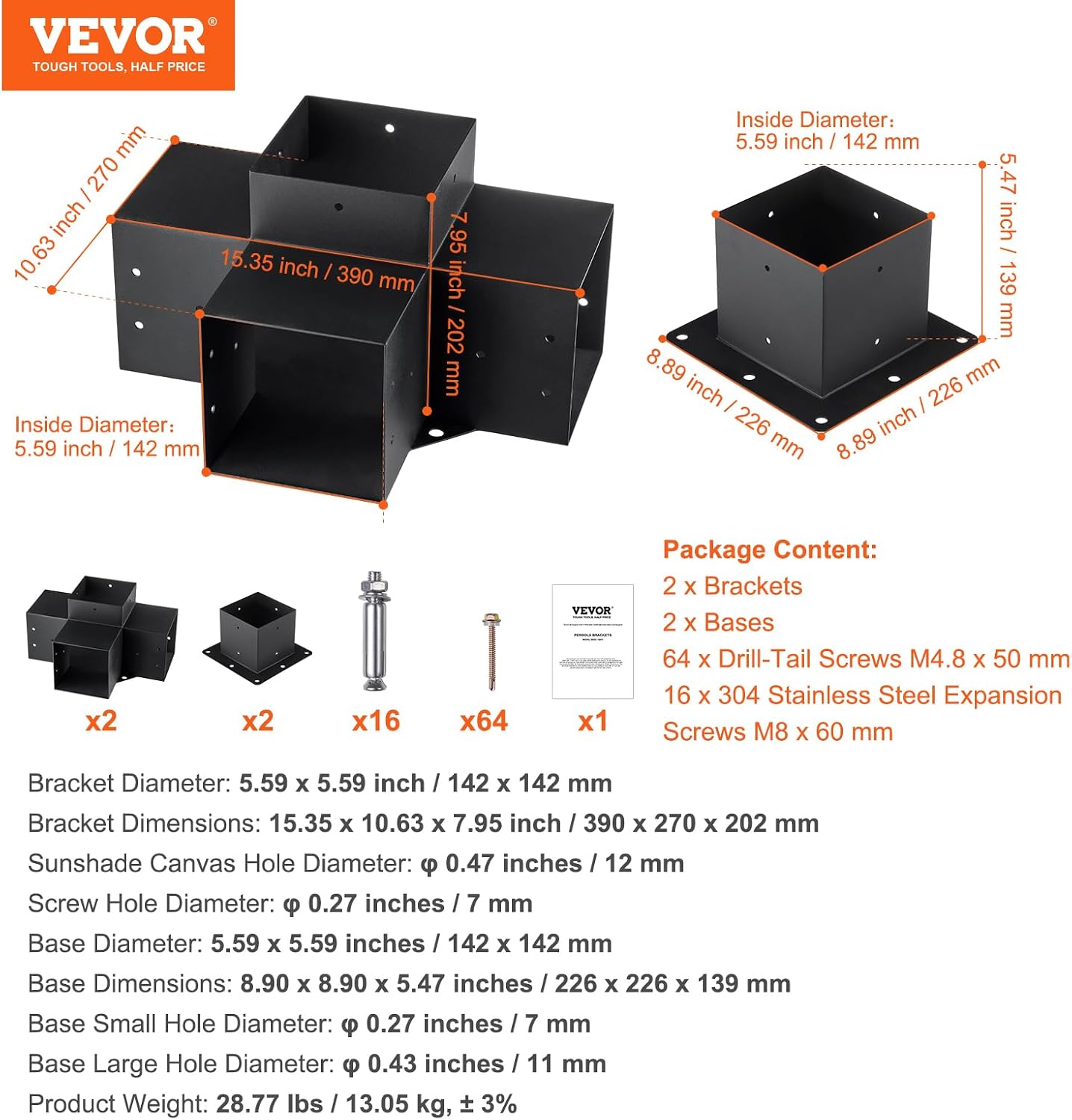 VEVOR Pergola Bracket Kit 6''x6''(Inner Size 5.6x5.6), 4pcs 4-Way Heavy Duty Corner Bracket Woodworks DIY Post Base Kit, Easy Installation Wooden Beams for Gazebos, Patio Pergolas, Log Cabin