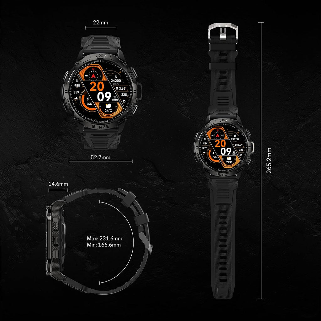 CARBINOX Blaze Smart Watch with GPS – Rugged Fitness Trackers, IP69K Waterproof, 170+ Sports Modes, Gorilla Glass, Make/Receive Calls, Android & iOS Compatible