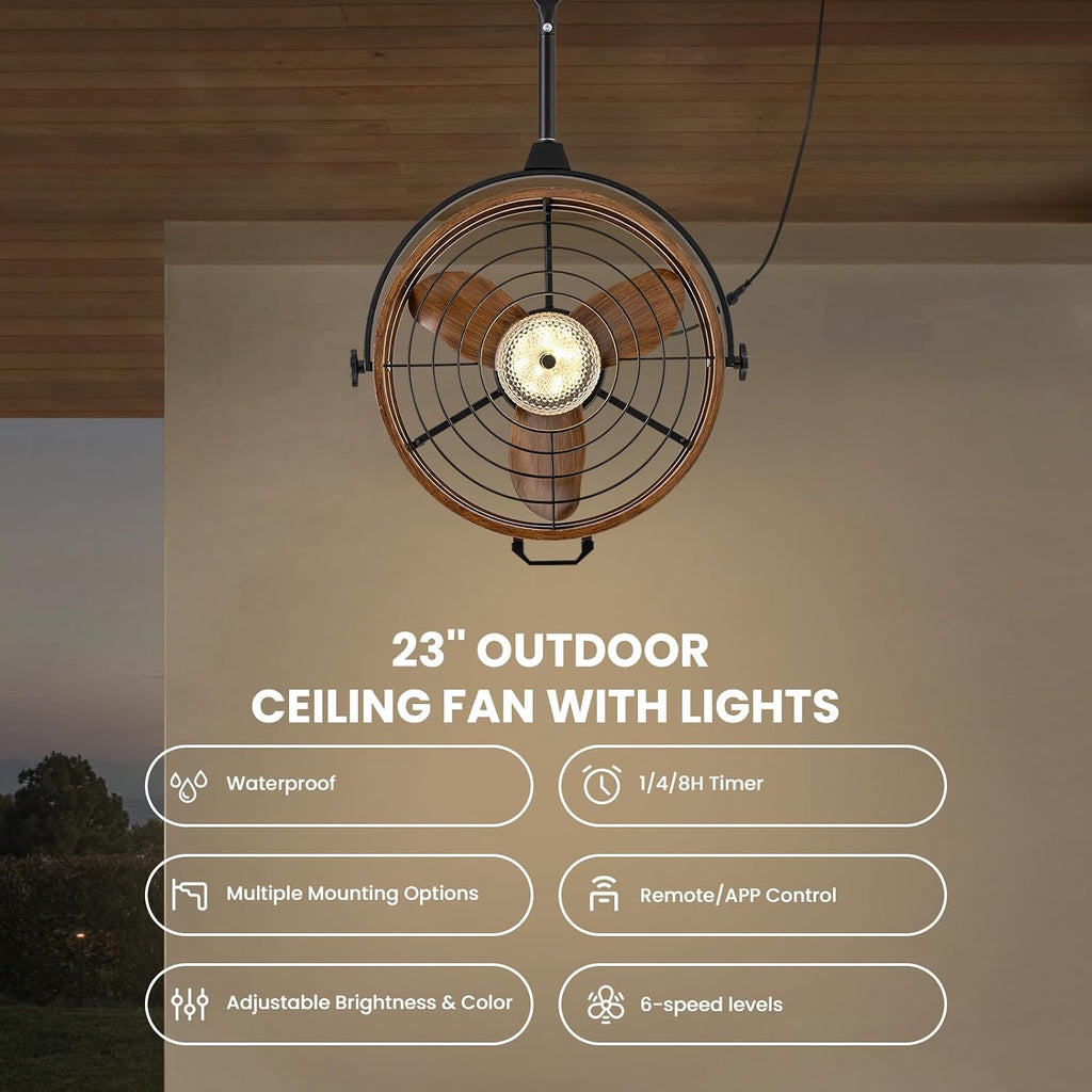 Outdoor Ceiling Fan with Lights, 23'' Waterproof Gazebo Fan with Remote Control Smart App, Plug in Caged Ceiling Fan for Patios, Pergola Porch