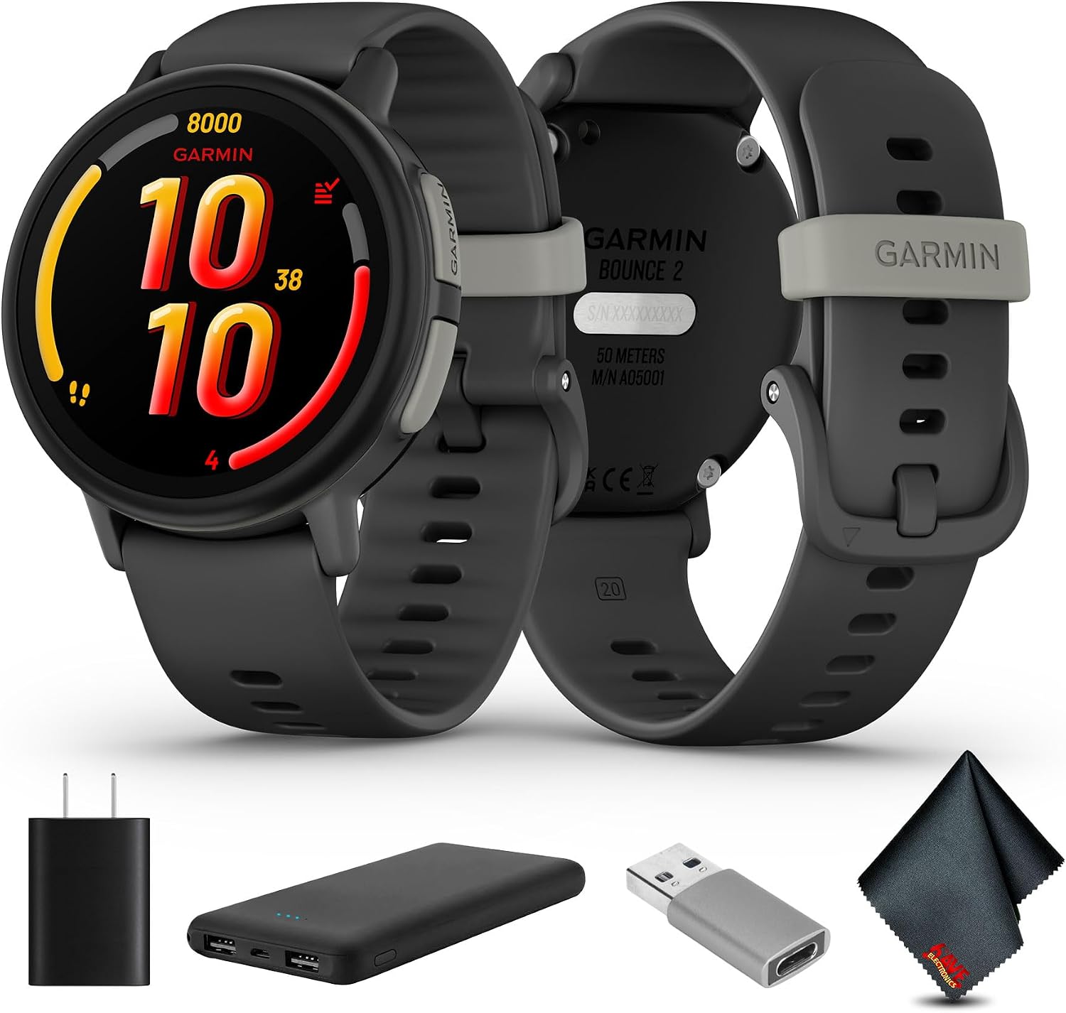 Garmin Bounce 2, Kids Smartwatch with Calling, Messaging and Location Tracking Features, Slate Gray Bundle with USB Wall Charger + More