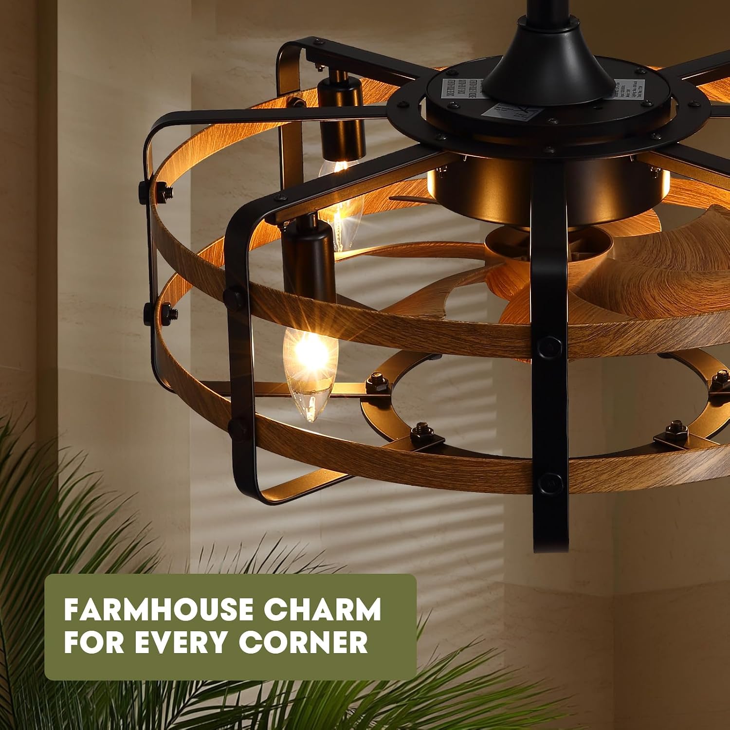 Caged Ceiling Fans with Light Farmhouse, 21 Inch Flush Mount Vintage Fandelier Rustic Chandeliers Ceiling Fan Remote for Bedroom, Kitchen, Living Room, Dining Room (Wood)