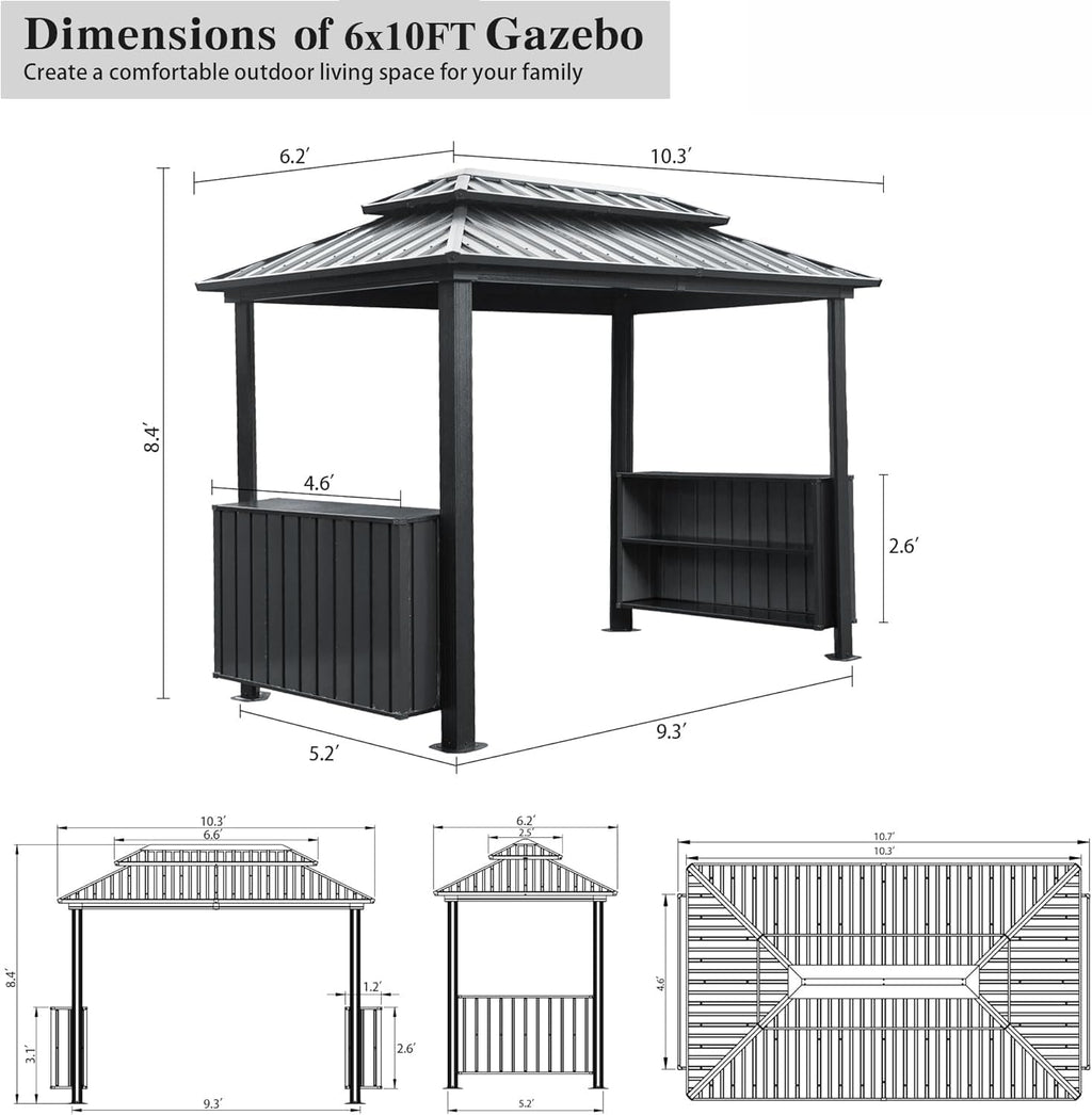 6x10 FT Hardtop Grill Gazebo with 2 Storage Cabinets, Double Galvanized Steel Roof BBQ Canopy with Ceiling Hooks for Backyard (Grey, 6'x10')