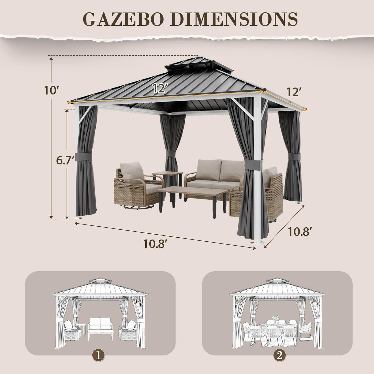 EAGLE PEAK 12x12 Hardtop Gazebo, Galvanized Steel Double Roof with Aluminum Frame, Outdoor Pavilion with Netting and Curtains for Patio, Deck, Lawn and Garden, White/Gray