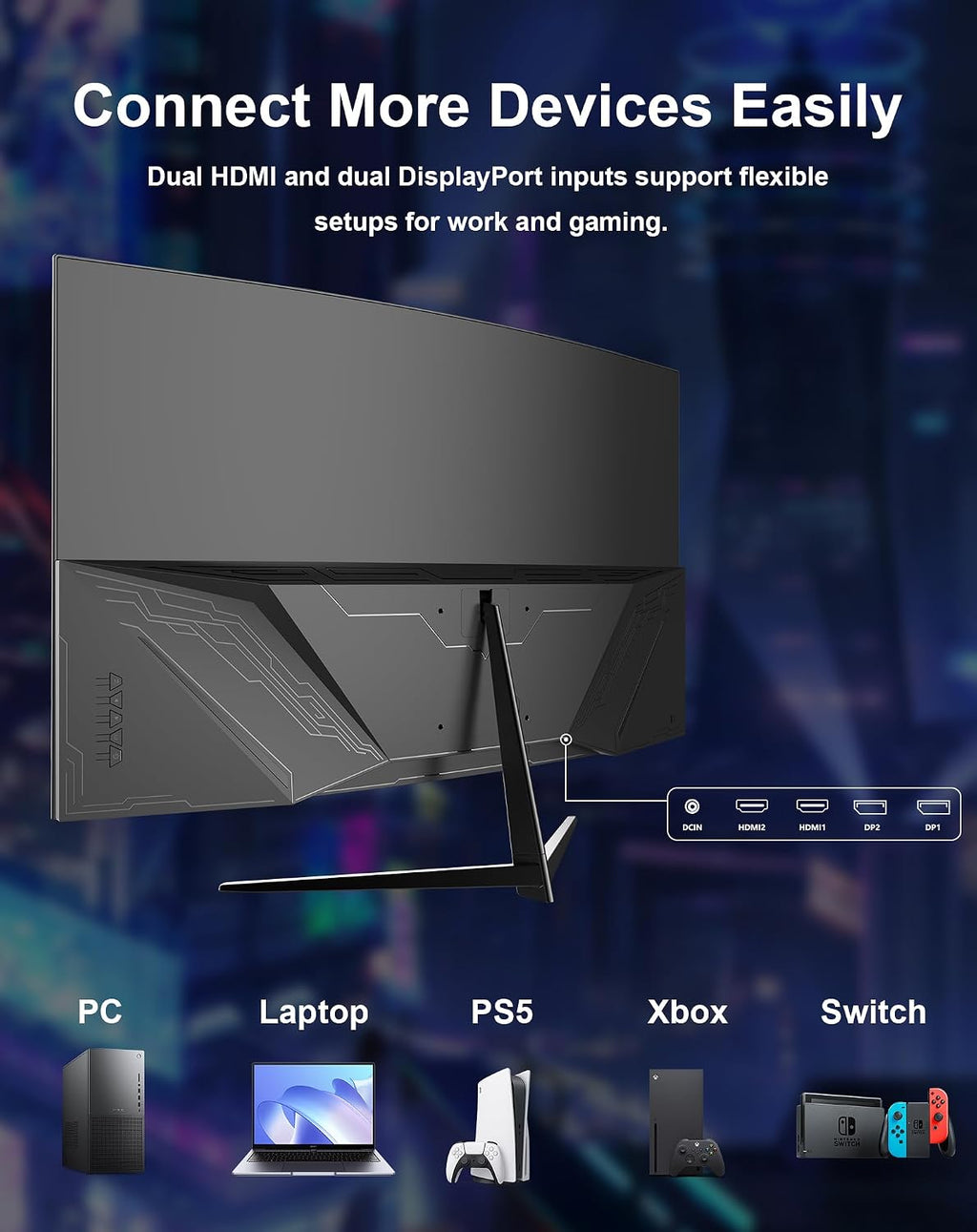 32 Inch Curved Gaming Monitor, QHD 2560x1440 2K Display, 165Hz Refresh Rate, 1500R Curved Screen, 3500:1 Contrast, HDMI and DisplayPort, 16:9 Large Monitor for PC, Console, Work and Entertainment