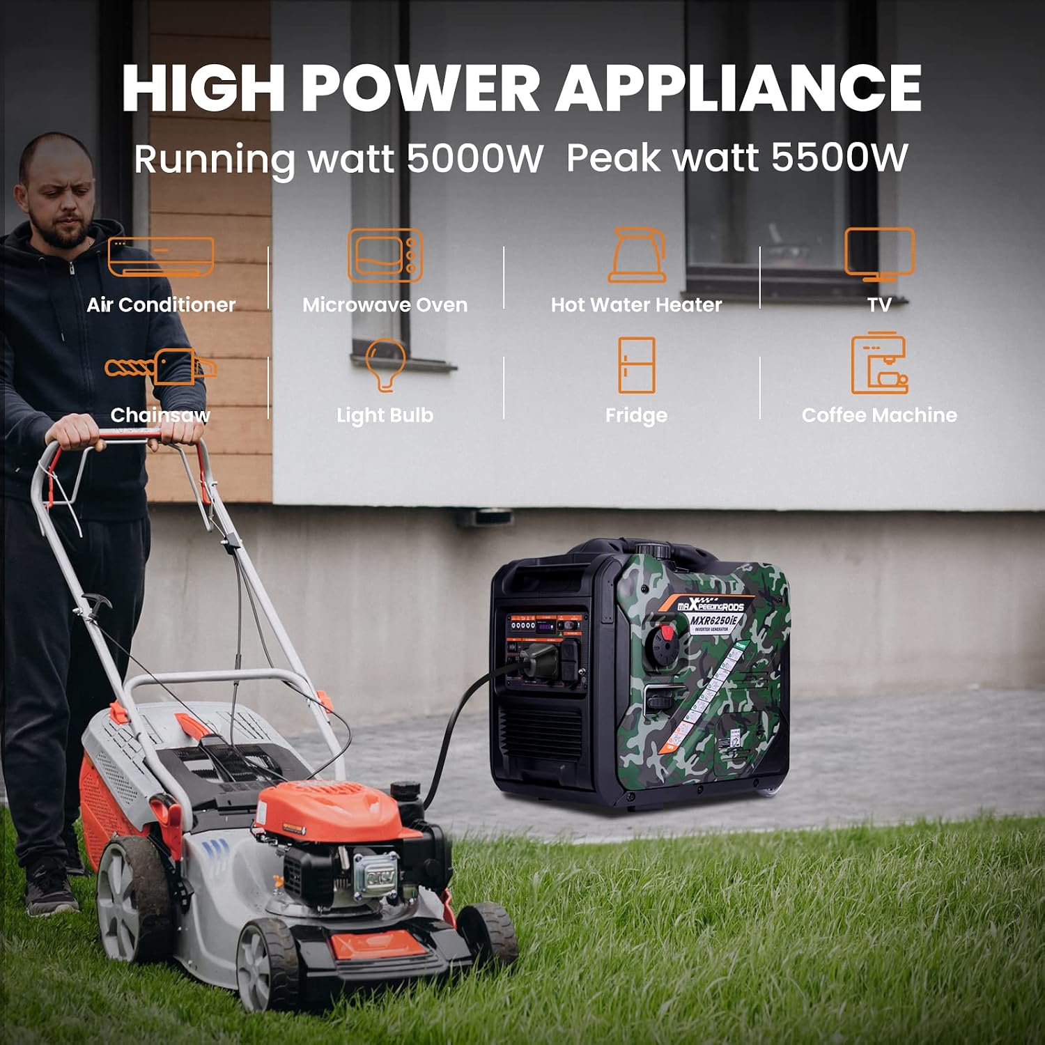 MaXpeedingrods 5500W Inverter Generator,Gas Powered, 86lbs, Electric Start, EPA Compliant, for Mobile Home Yard Garage Woodwork,Wheel & Handle Kit,RV Ready