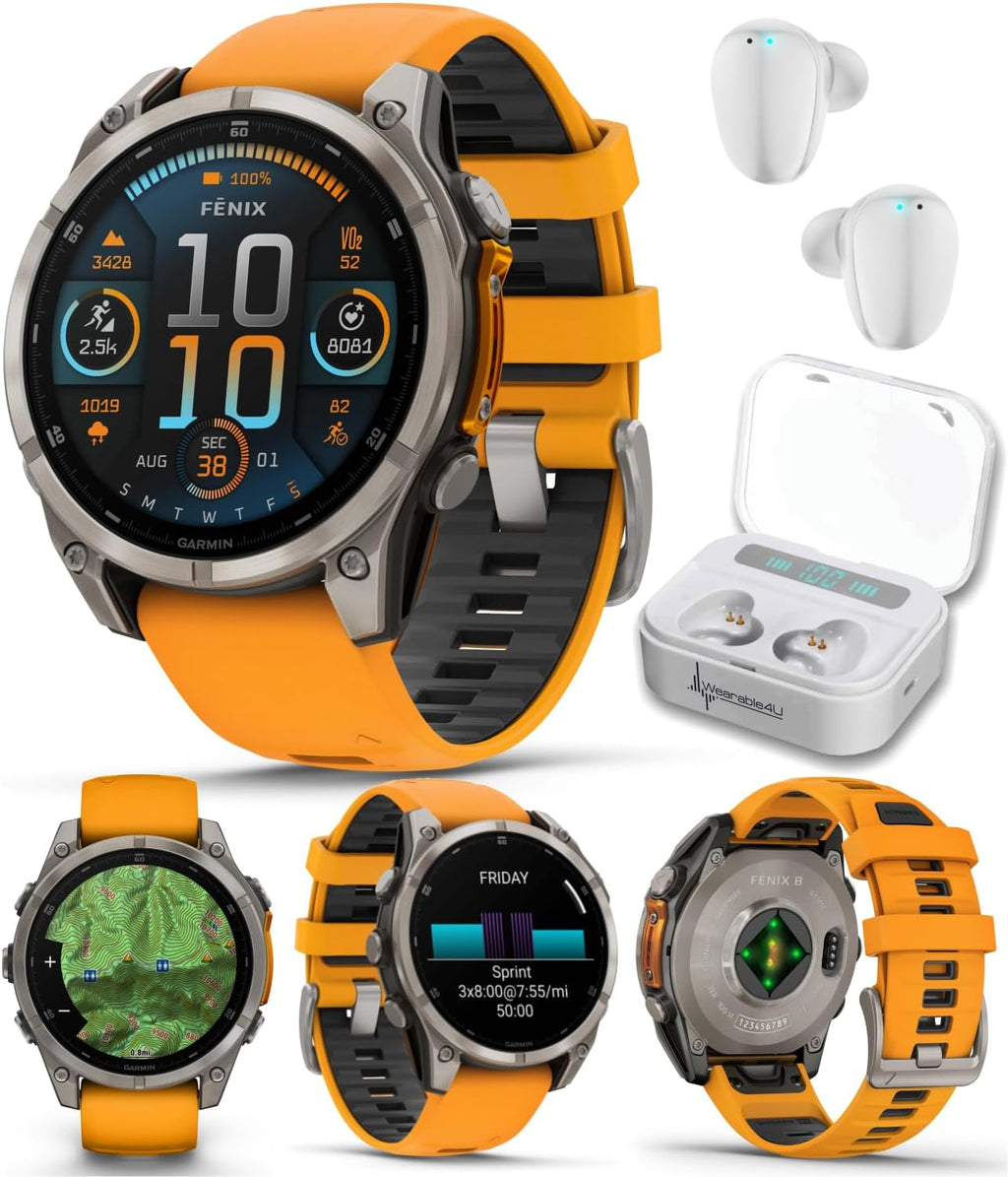 Garmin Fenix 8 – 47 mm, AMOLED Sapphire Multisport GPS Smartwatch,Titanium with Spark Orange/Graphite Silicone Band, Built-in LED Flashlight White Earbuds Bundle